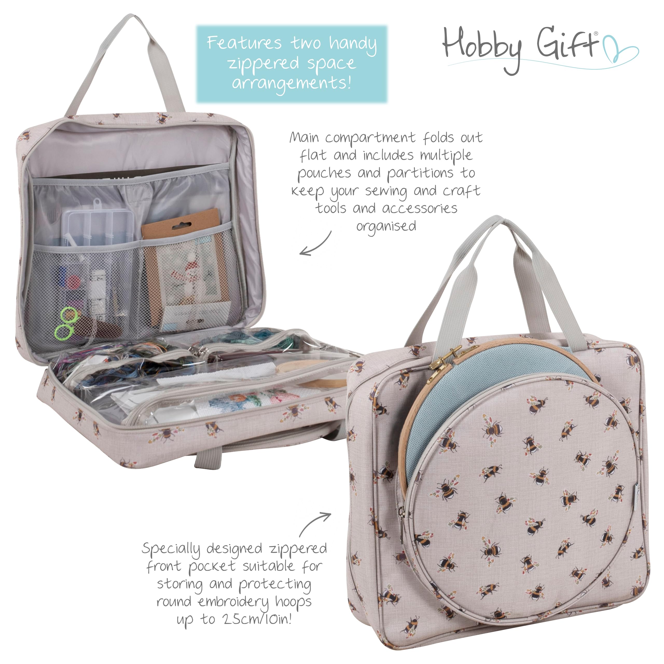 Hobby Gift Sac à Broderie et à Point de Croix Bee Craft Bag Rangement pour Cadres Multi-cerceaux jusqu'à 25 cm avec 2 Poches zippées pour Fils, patrons, Léger et Durable 12 x 35 x 35 cm