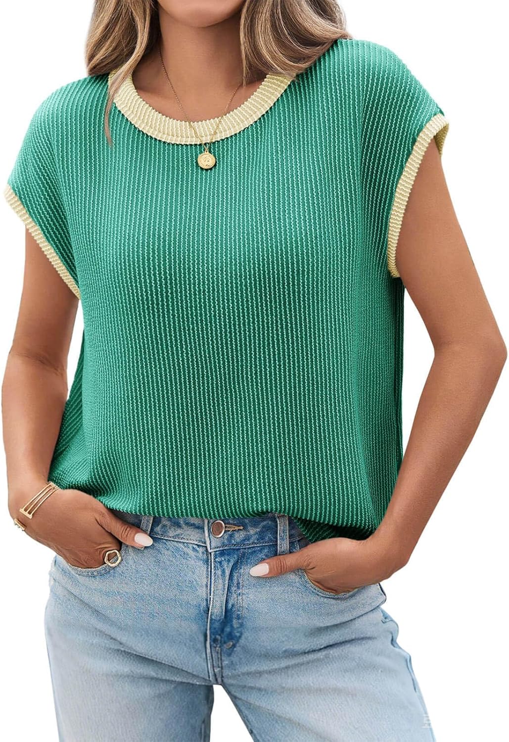 Tankaneo Womens Summer Color Block T-Shirts Cap Sleeve Textured Ribbed Knit Tees Casual Ringer Crew Neck Loose Fit Tops