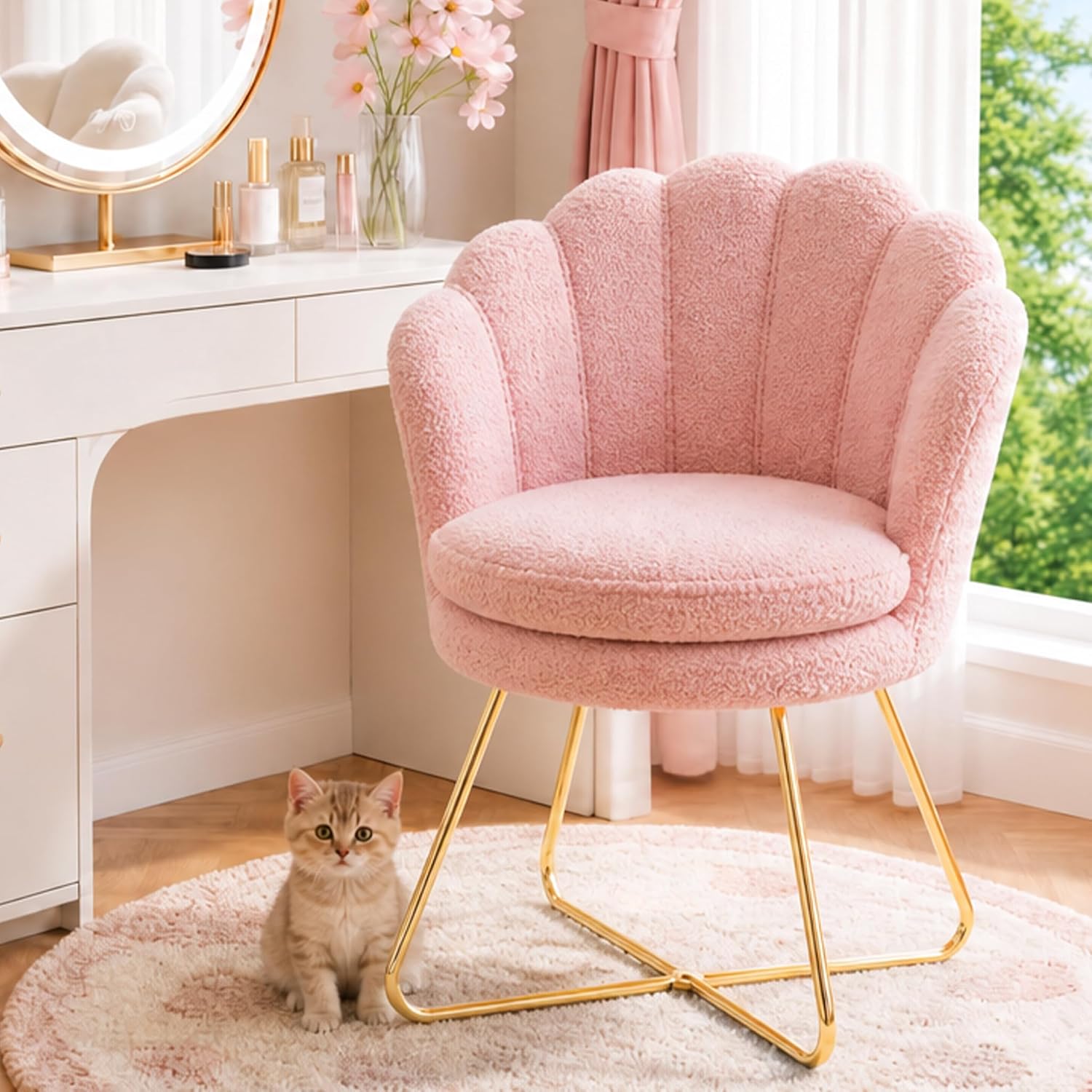 Hellove Dining Room Chairs Dressing Table Chair Made of Teddy Make-Up Chair Shell Chair with Gold Metal Legs Pink Vanity Chair Elegant Lounge Chair Armrest Chair for Bedroom and Living Room
