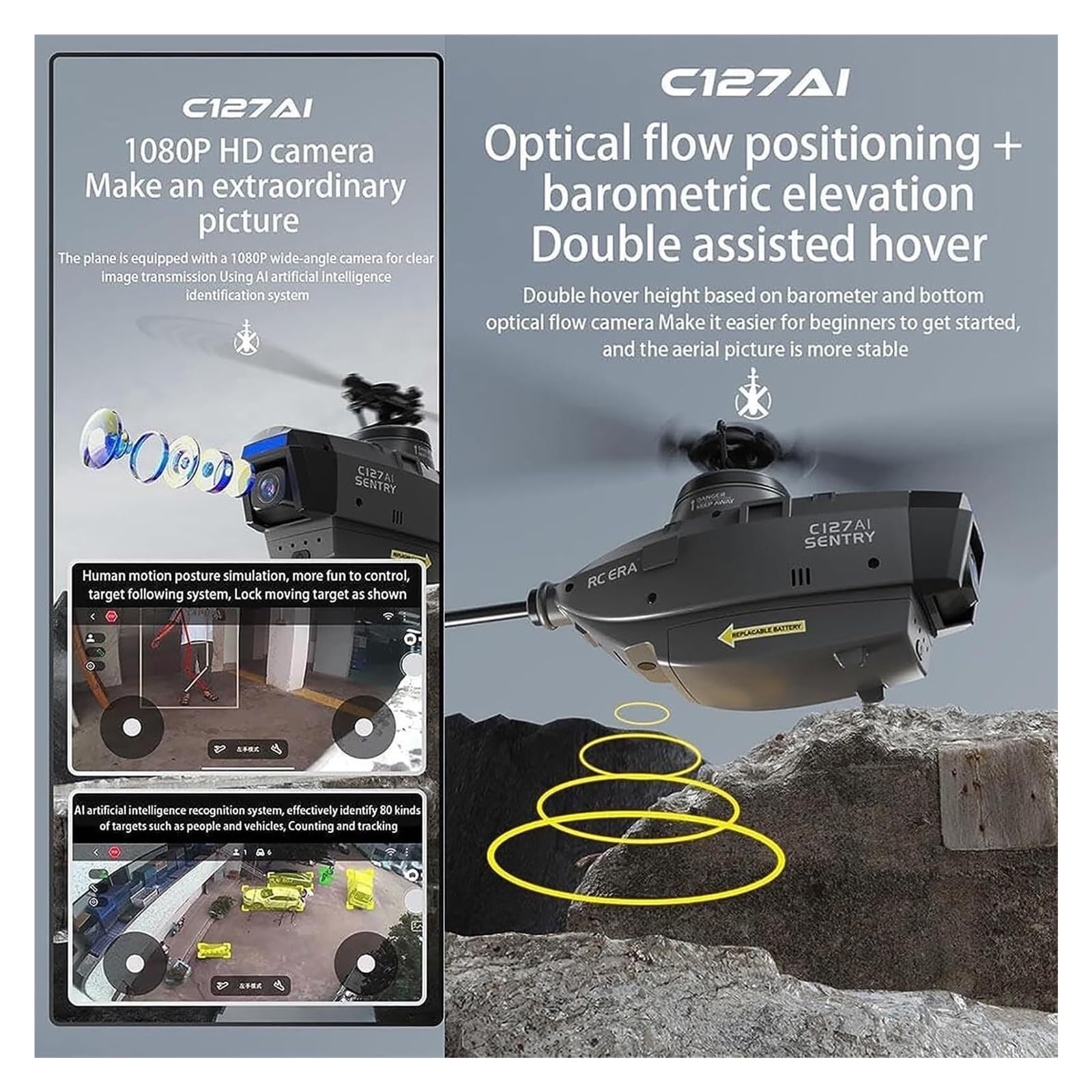 Elicottero RC Scout C127AI con Telecamera 1080P, Modello di Elicottero brushless monorotore 2.4G 4CH Senza alettoni, velivolo telecomandato con giroscopio a 6 Assi(Gray,Dual Batteries)