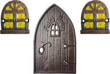 Lulu Decor 100% Cast Iron Miniature Fairy Door + 2 Windows with Glow in Dark Paint, Garden Ornament for Bottom of Trees 5-Inch