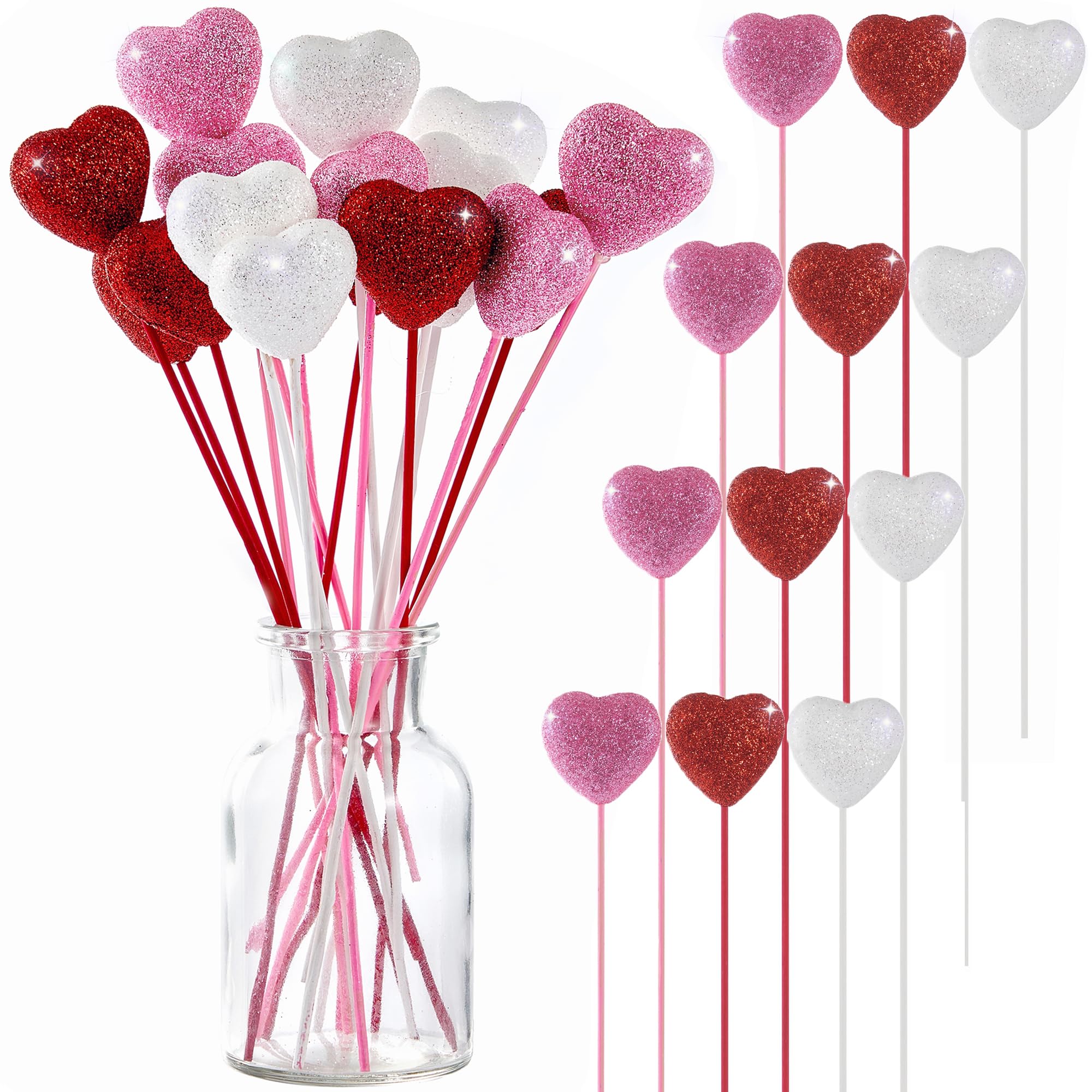 Gisela D Pink 18Pcs Valentine Glitter Foam Hearts Picks, Heart Picks For Valentine Decorations And Flower Arrangements