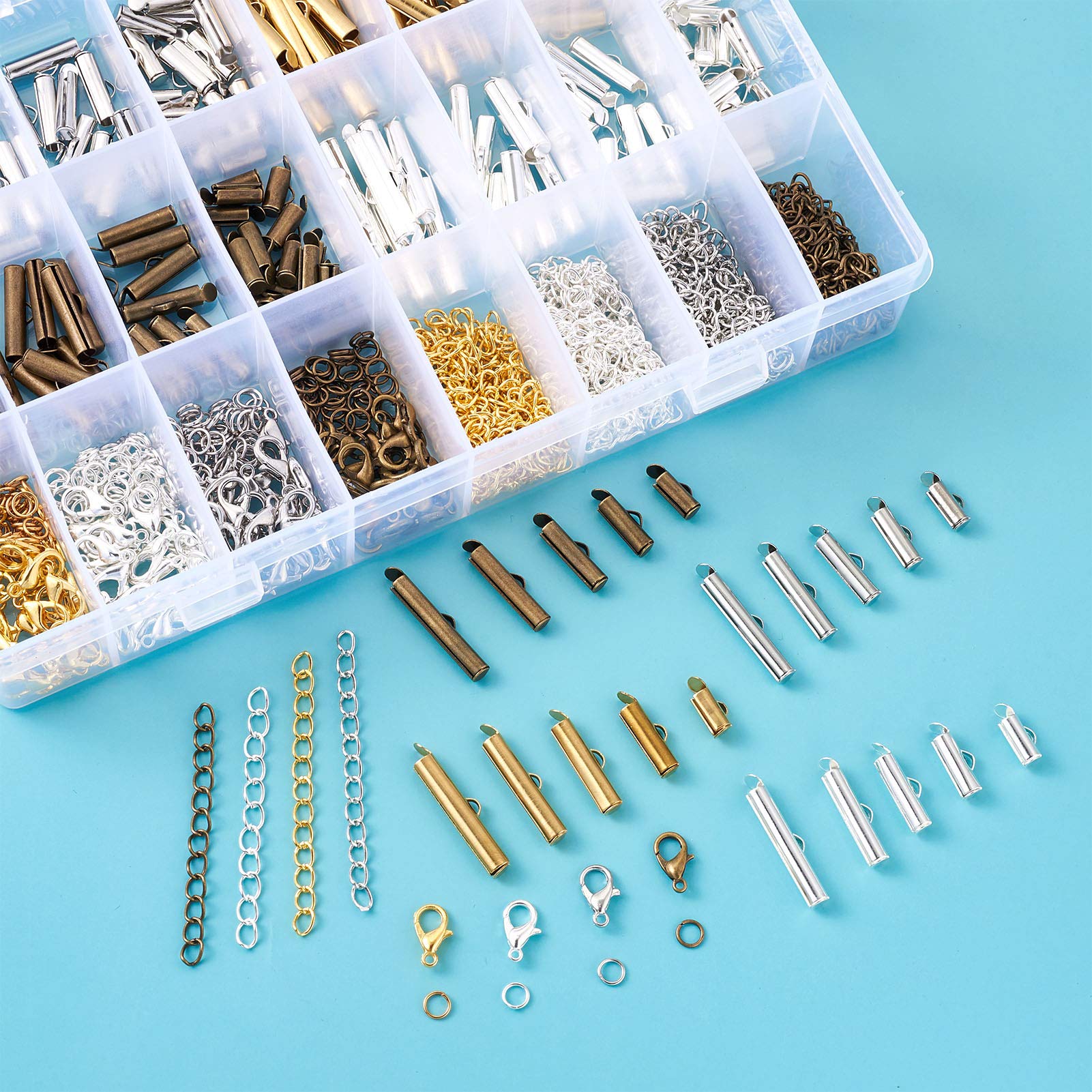 Craftdady 200 cierres deslizantes de 4 colores, 5 tamaños, tapas deslizantes de latón con cierres de pinza de langosta, cadenas extensoras trenzadas, anillos de salto para joyería, manualidades, 10 mm