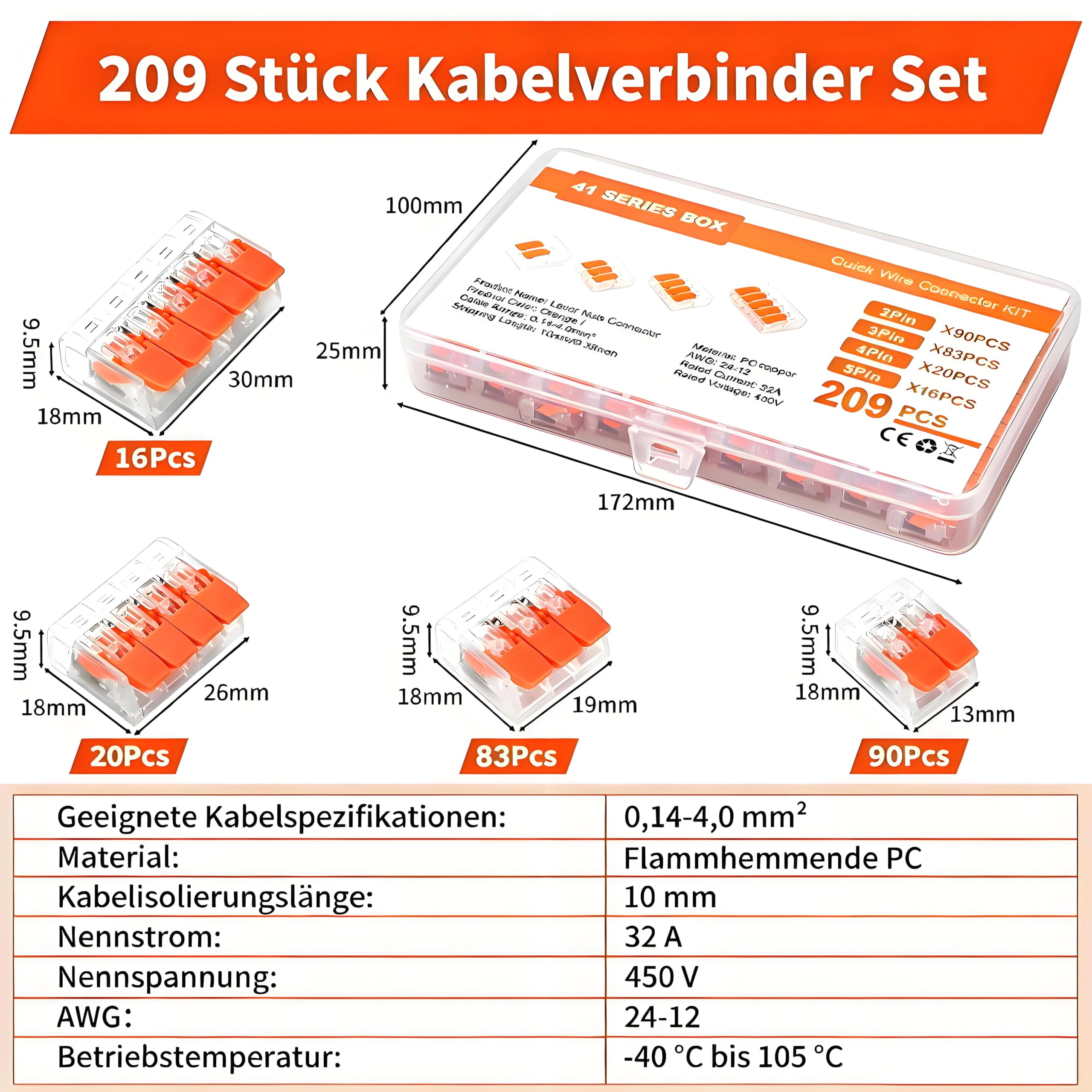 209 Stück Kabelklemmen Elektro, Kabelverbinder 2 Polig, 3 Polig, 4 Polig, 5 Polig, Klemmen Elektro mit Betätigungshebel, Kabel Verbindungsklemme 0.14-4mm² Leiter Klemme für Feste Kabe 2-5 Leiter