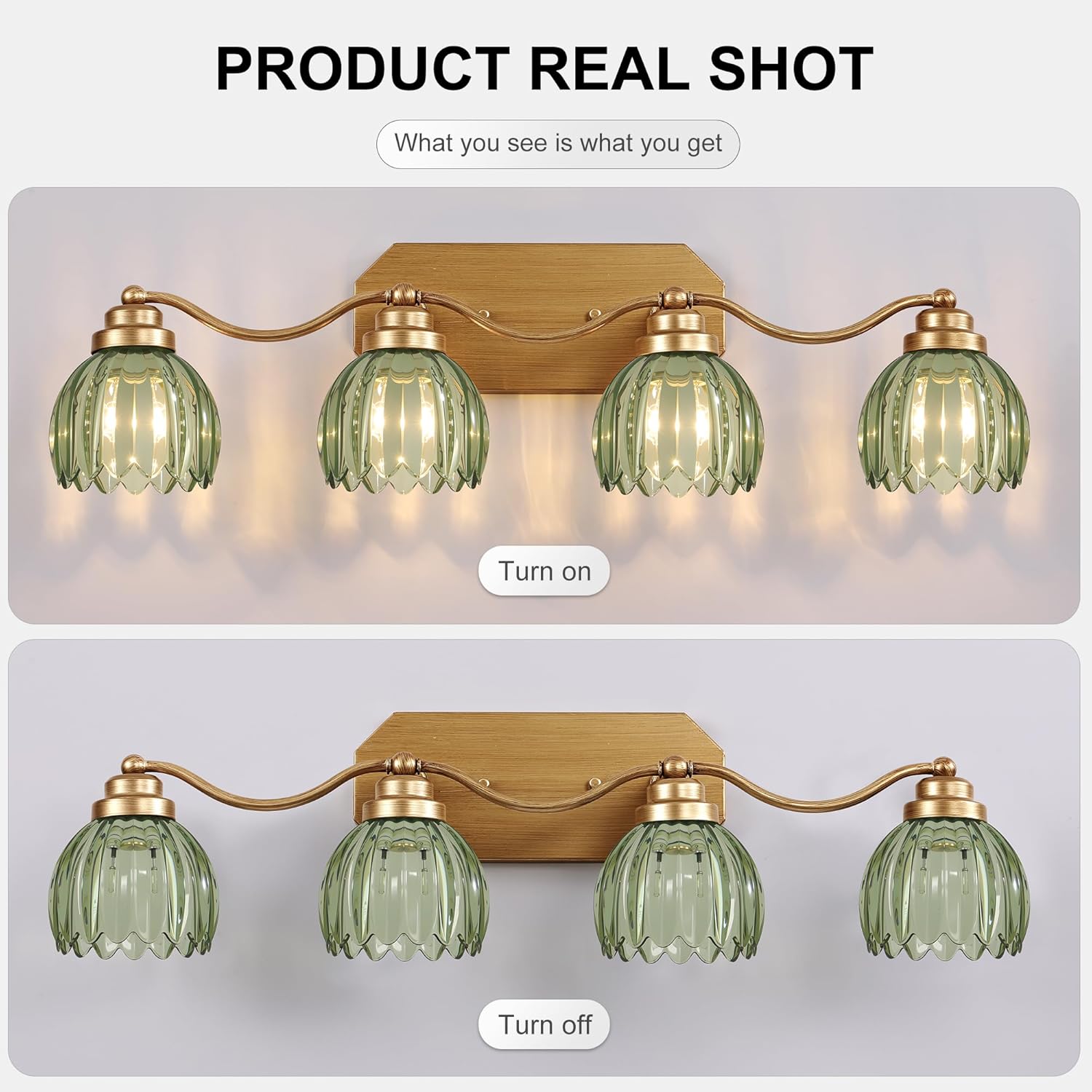 Gold Bathroom Light Fixtures, 4 Light Vintage Vanity Lights, Antique Brass Brushed Gold Finish, Crystal Green Glass Shade, Mid Century Wall Sconces for Bedroom, Living Room, Hallway