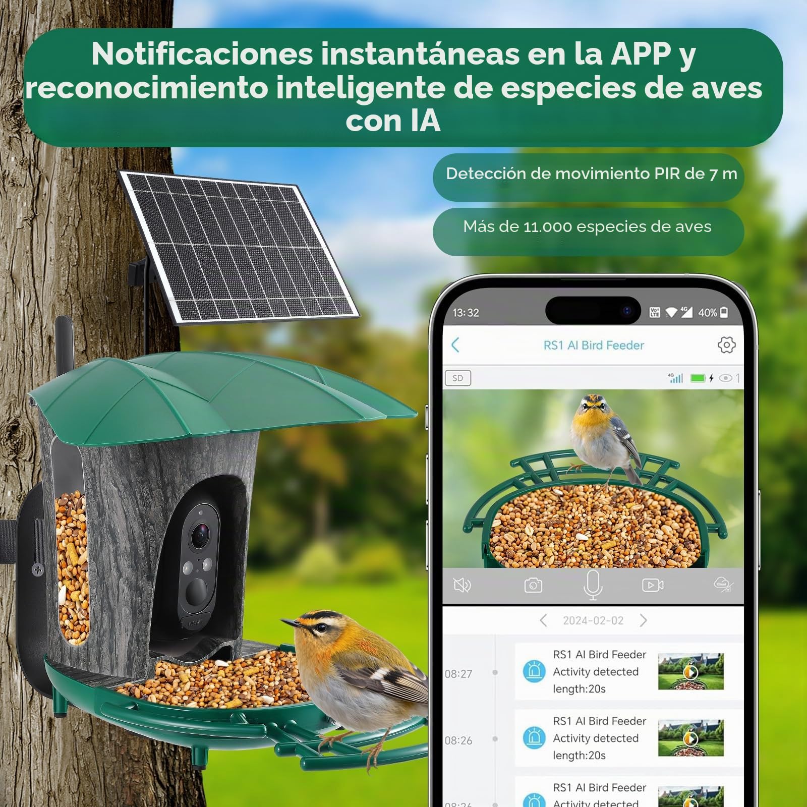 Comedero para pájaros con cámara, caseta solar para pájaros para uso al aire libre, comedero para pájaros 1080P, resistente a la intemperie IP66 (verde oscuro)