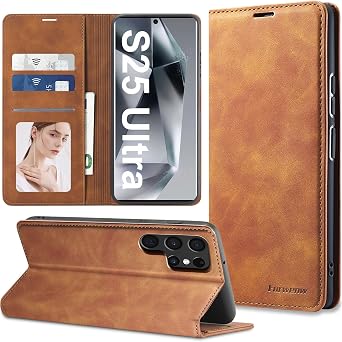 for Samsung Galaxy S25 Ultra Case Flip Leather Cover with Hinge Protection, Slim Thin Magnetic Wallet Case [Card Holder], Shockproof Full-Body Protective for Samsung S25 Ultra Phone Case Brown