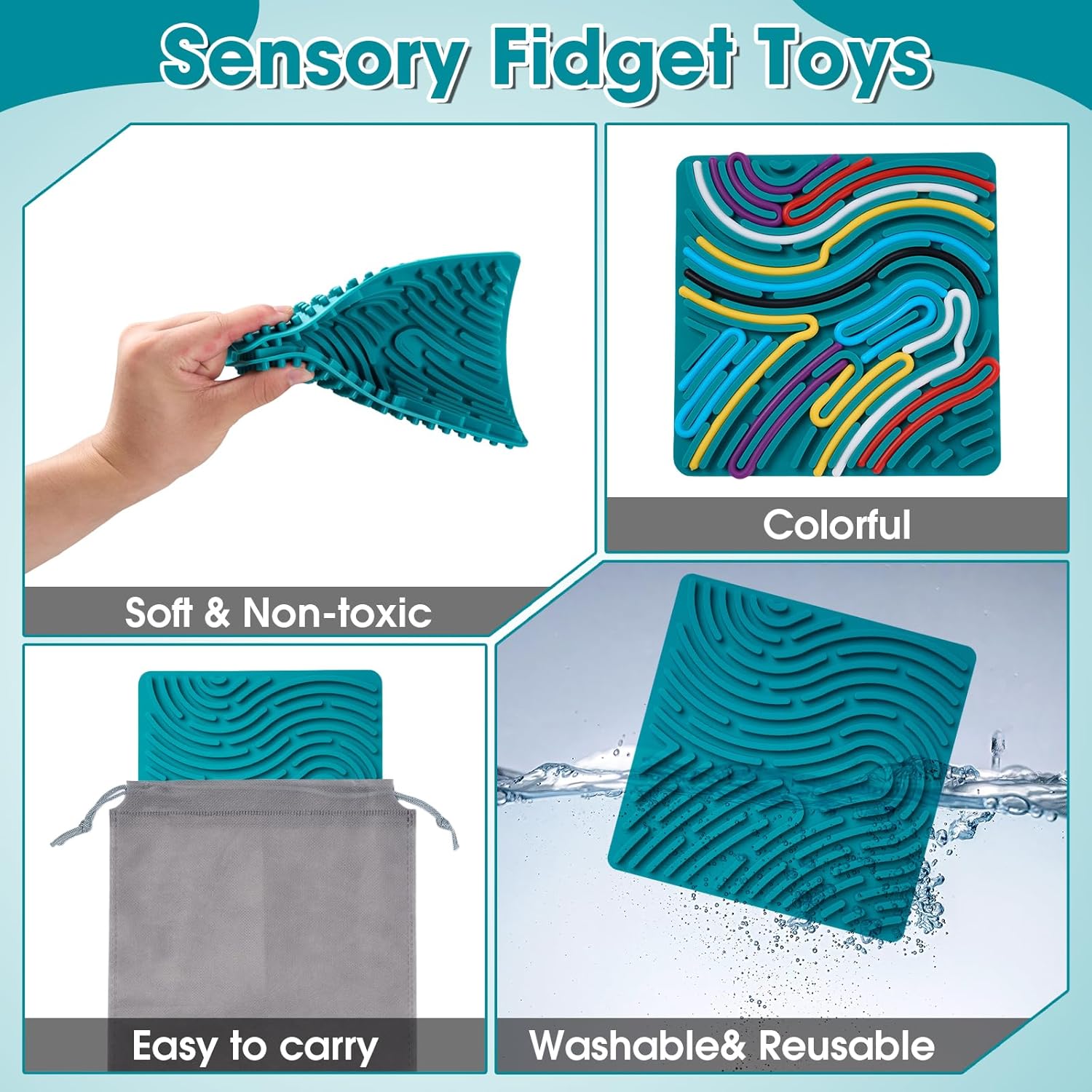 Sensory Activity Board Silicone Fidget Toy for Kids & Adults,Double-Sided Silicone Stress Relief Activity Board with 20 Strings & Travel Bag,No Mess Quiet Sensory Toys for Anxiety, ADHD,Calming,Autism