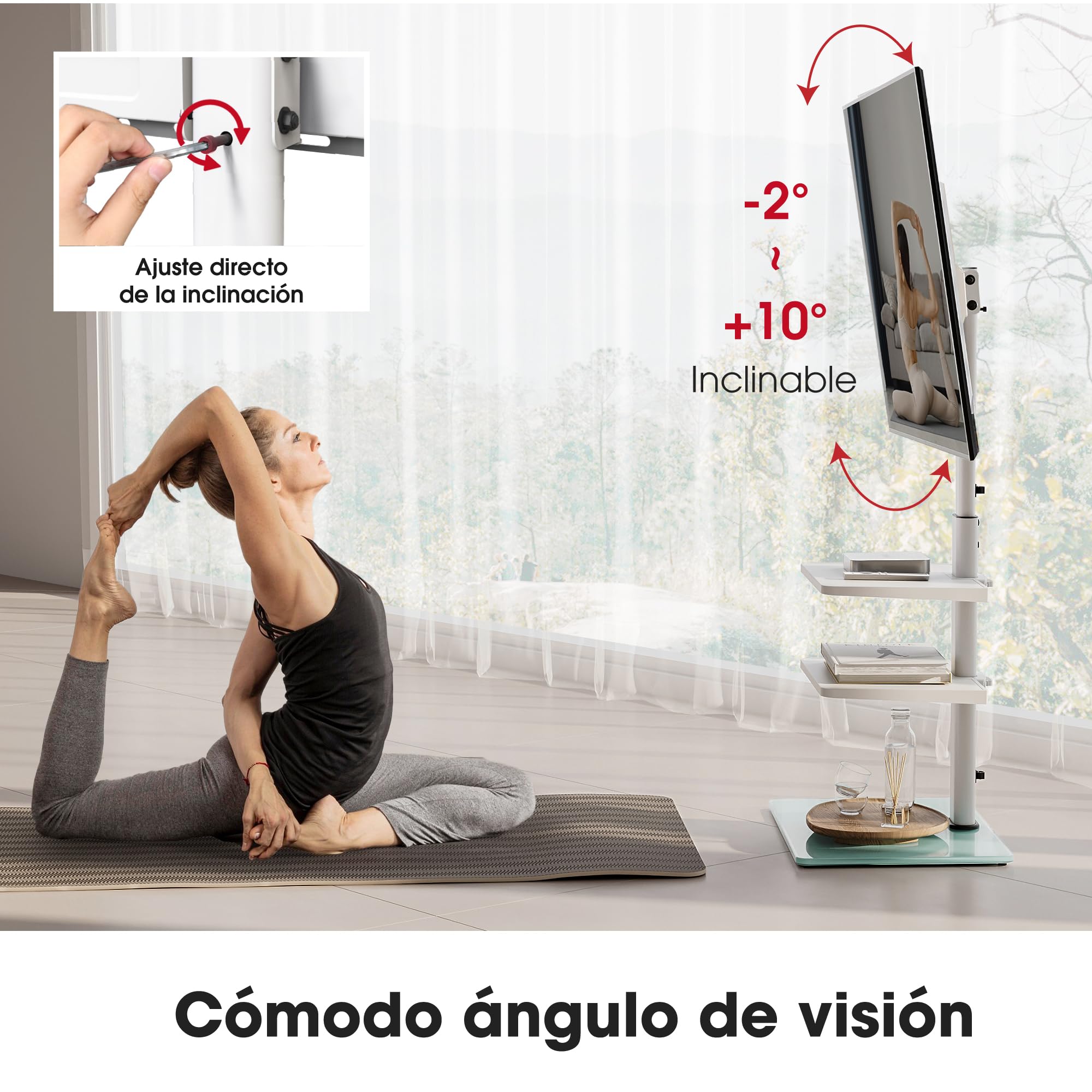 AOKCOS Soporte de TV para 32 a 70 Pulgadas, Soporte de Suelo para TV de 1350 mm de Altura, Ajustable en Altura, Giratorio, Inclinable, Soporte de TV con 3 Estantes (Blanco)