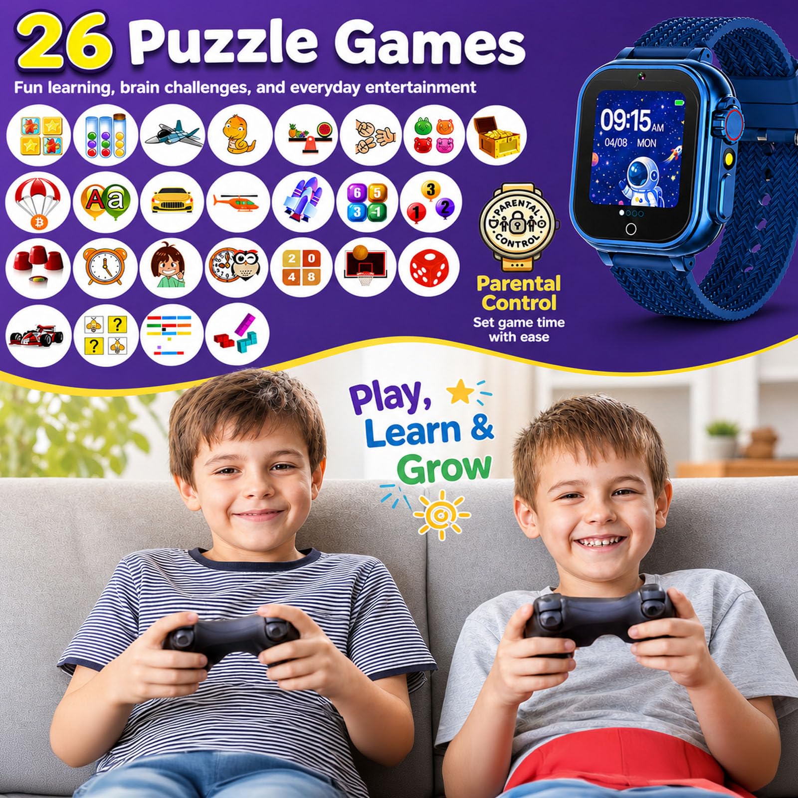 Orologio intelligente per bambini per ragazze e ragazzi dai 4 ai 10 anni, blu | 26 giochi integrati, touch screen HD, videocamera, lettore musicale, allarme