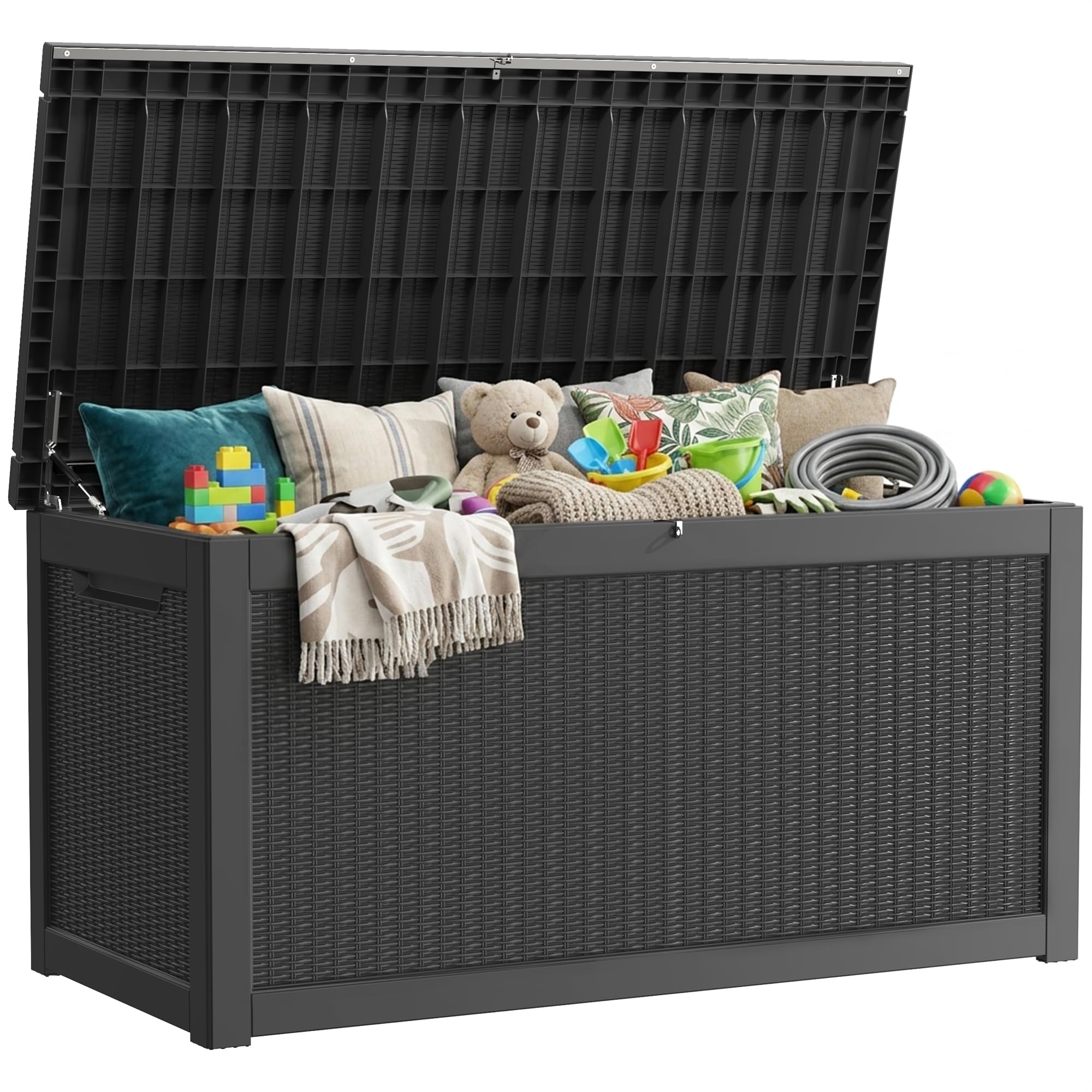 TARKARI 330 Gallon Outdoor Storage Box with its lid open, filled with various patio cushions and pillows, set on a patio next to a house.