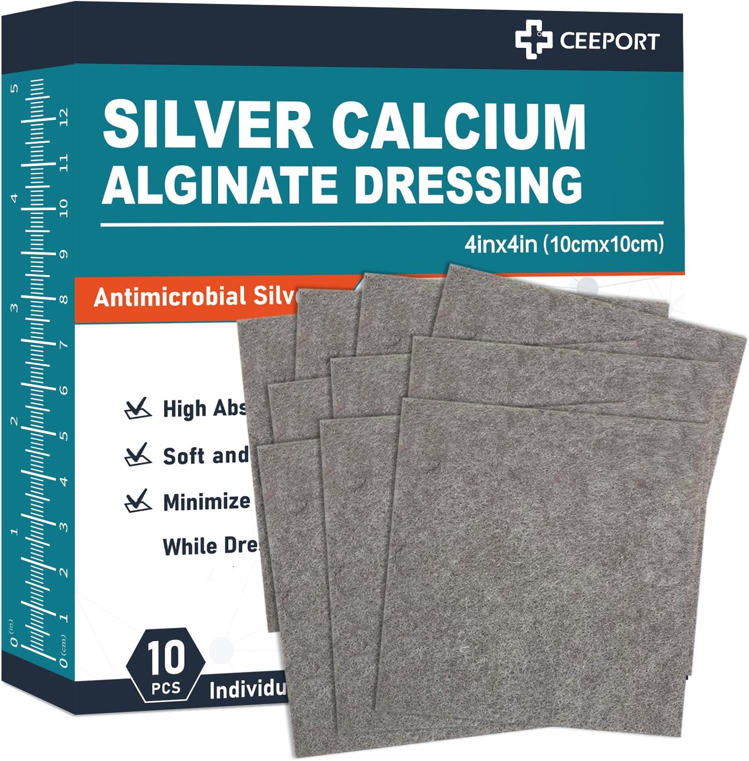 Calcium Alginate Ag Silver Wound Bandages, 4''X4'' Adhesives, Individual Pack of 10, Soft Silver Wound Treatment Dressings, Soft & Highly Absorbent Dressing, C