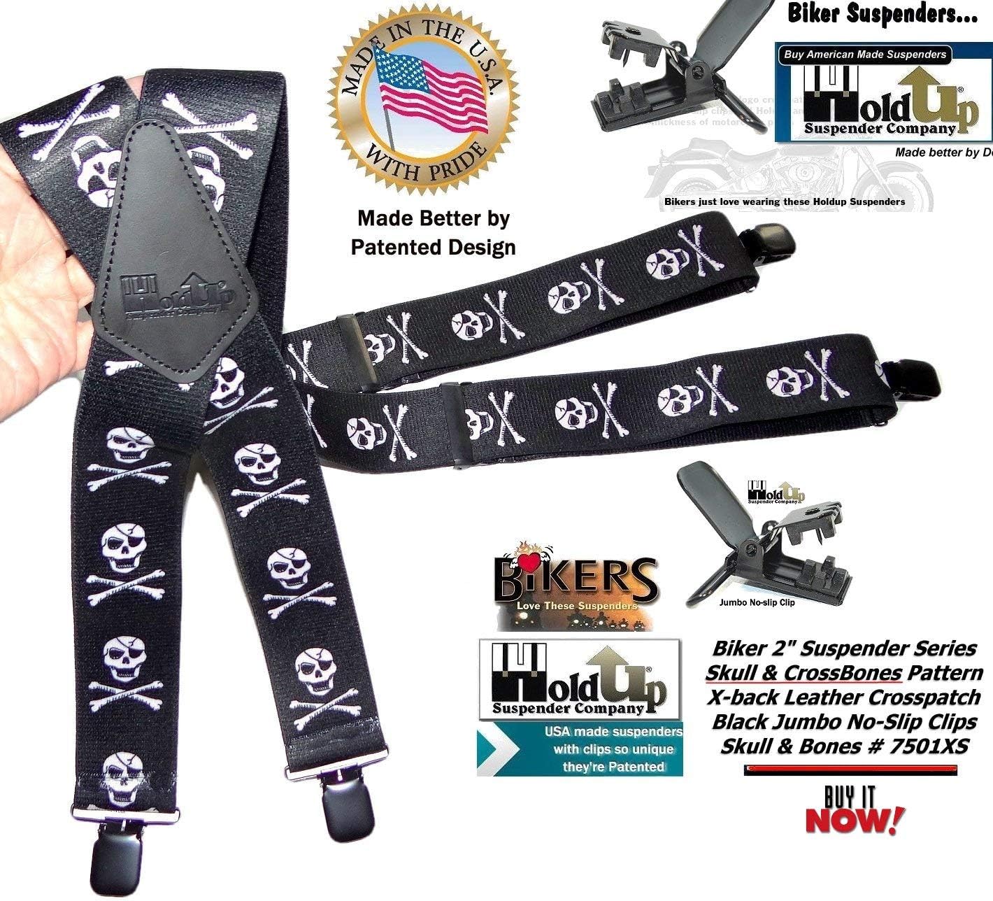 Holdup Suspender Company 2" wide Biker Skull & Crossbones Suspenders for Men with Patented Jumbo black metal no-slip Clips
