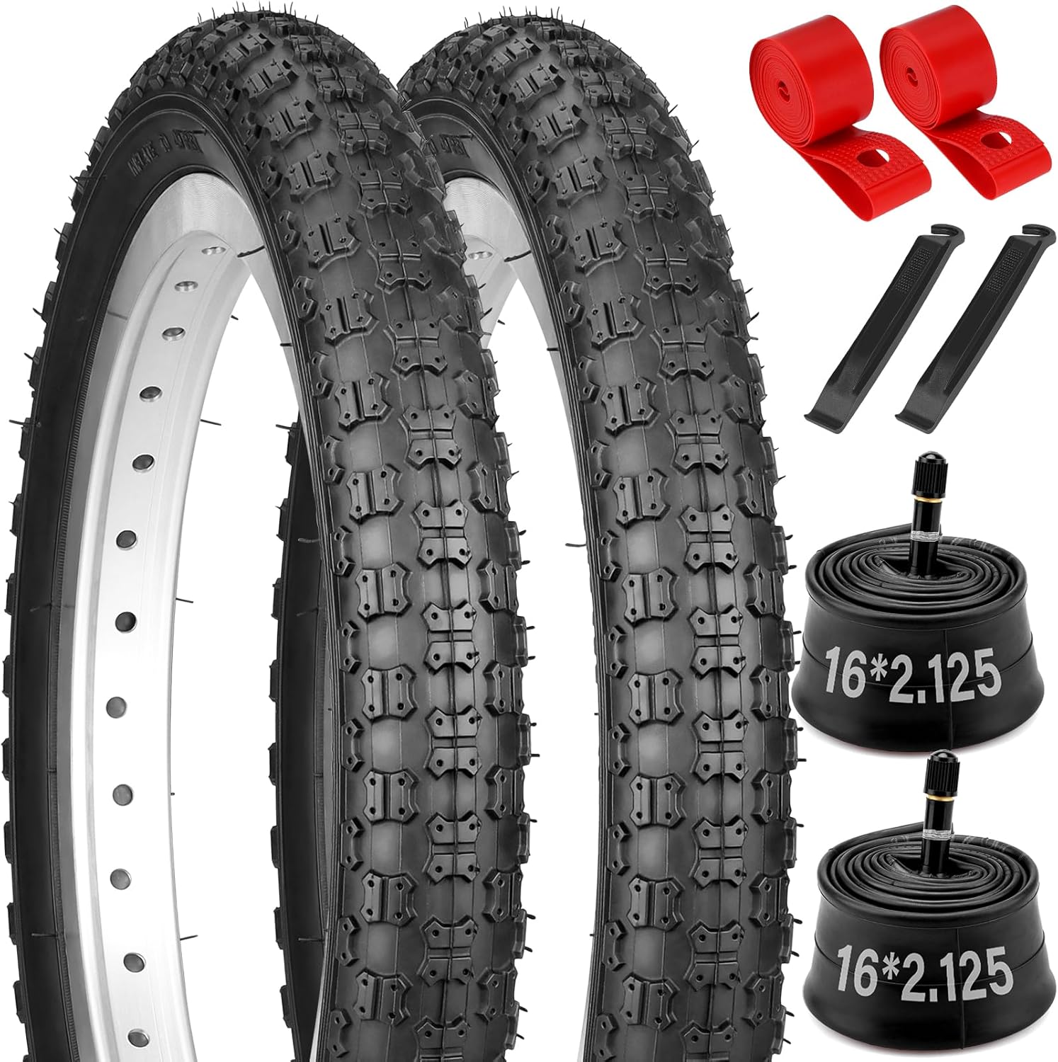 2-Pack 16" Kids Bike Tire Set, 16x2.125 57-305 Folding Replacement Children Bicycle Tires and Tubes Combo with Levers and Rim Strips, Puncture-Resistant 16inch Tires for BMX MTB Children Racing