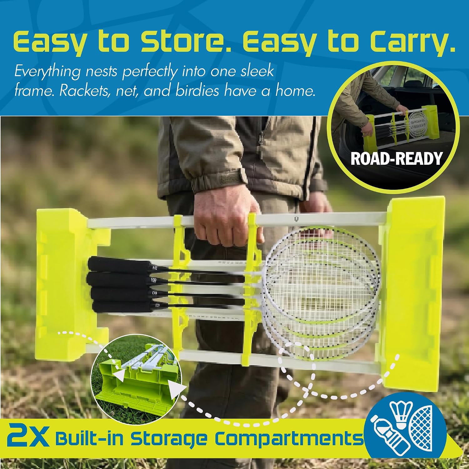 Complete Portable Badminton Set - Quick & Easy Setup - 4 Rackets 2 Birdies Shuttlecock 1 Net & Badmington Pole Frame for Backyard Park & Beach Games Indoor Outdoor