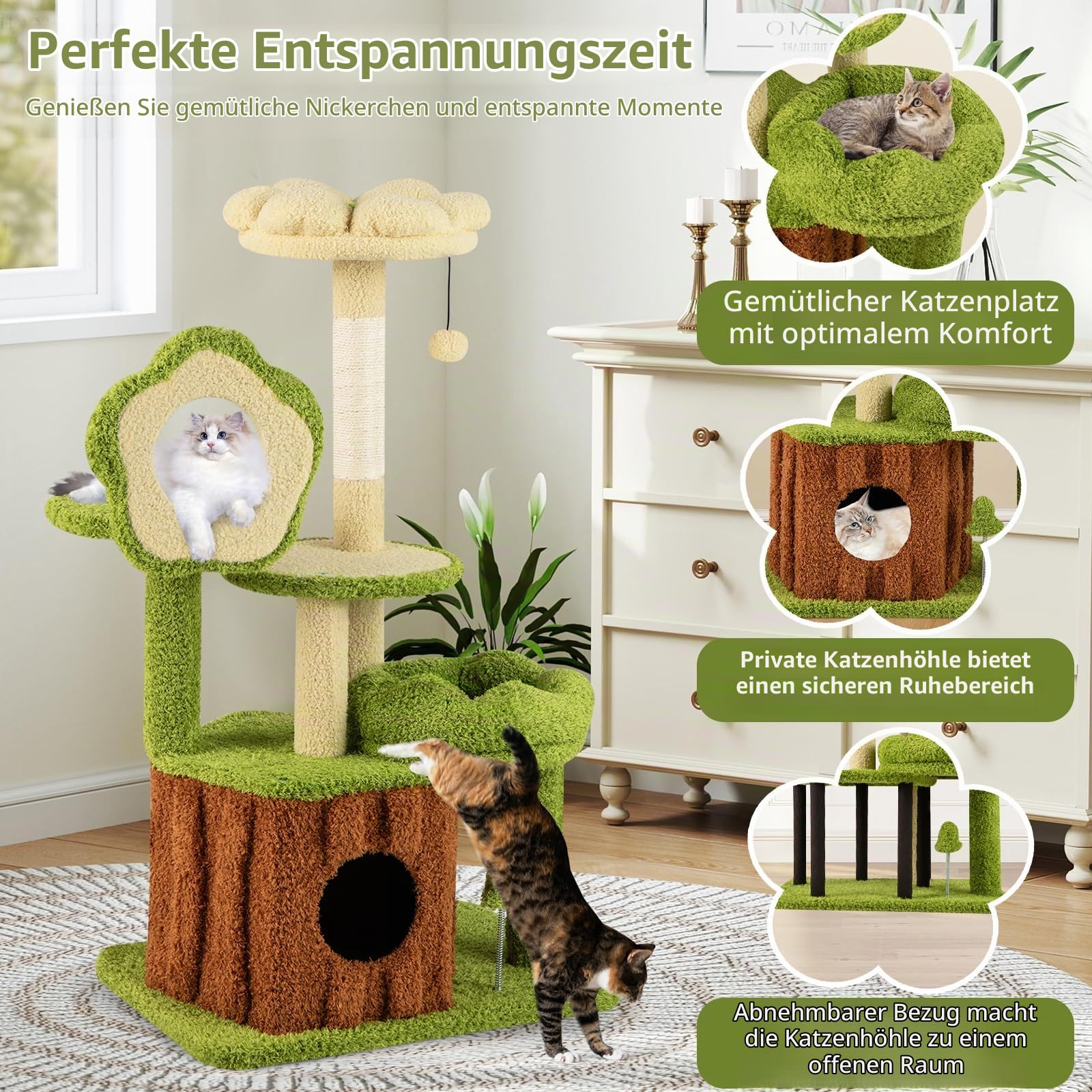 FANTASK Mehrstufiger Katzenbaum, Kratzbaum mit Katzenhöhle, Plattformen, Plüsch-Schlafbett, Ball & Kratzsäule, Katzenmöbel, Grün + Braun (55 x 40 x 100 cm)