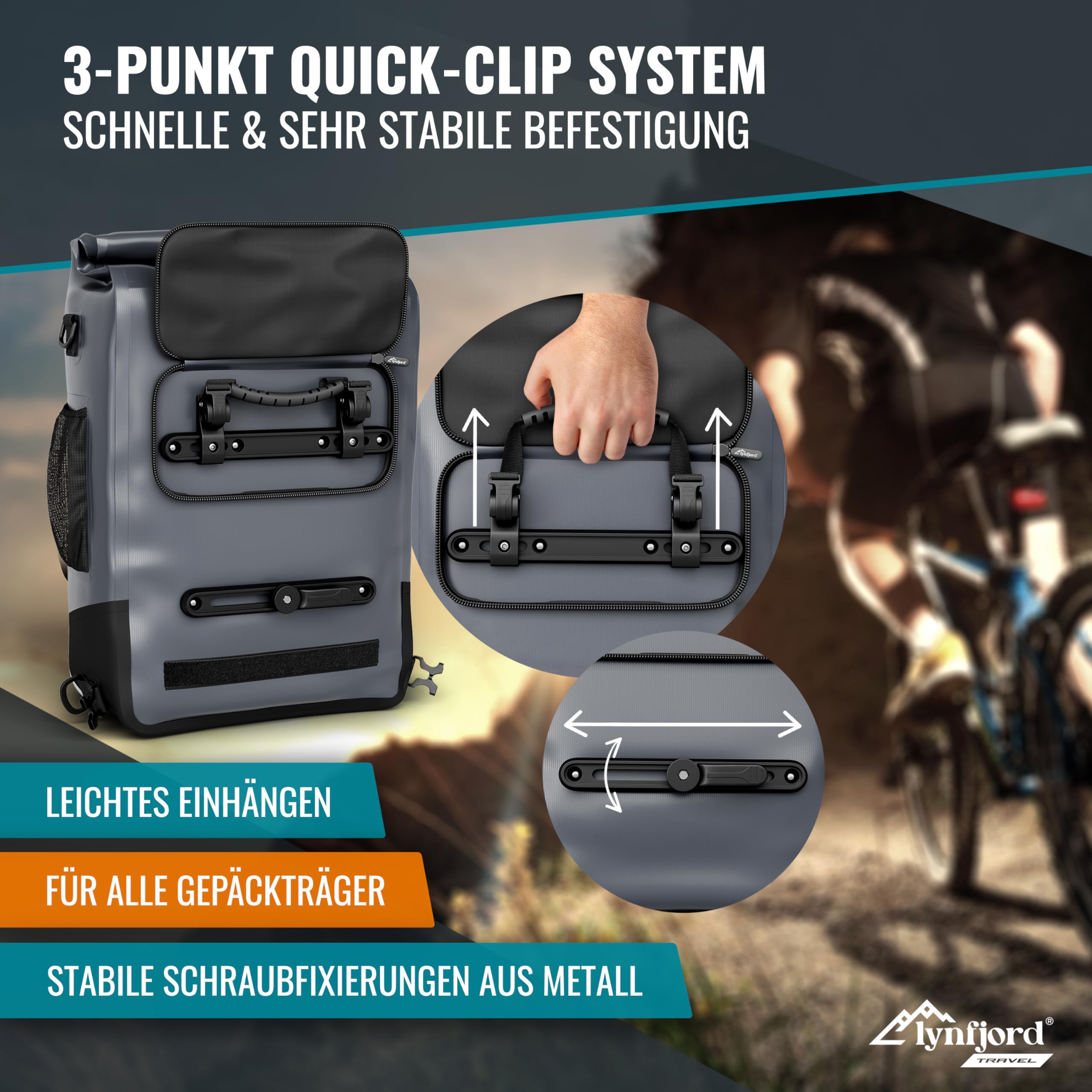 Travel Trek 25 Fahrradtasche 3in1 - optimierte Gepäckträgertasche, Rucksack, Cross Bag - wasserdicht - Rückenpolster - Helmnetz - Schnelleinhängung - Laptoptasche - Rückwand - Fiord