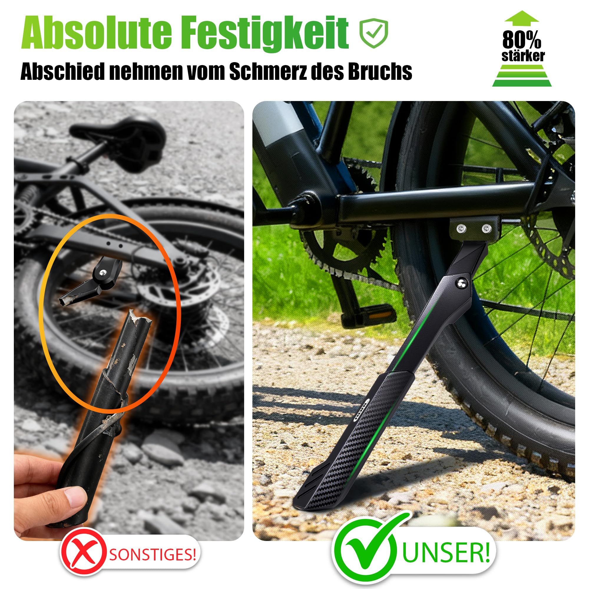 RBRL E-Bike Fahrradständer (Hinterrad) – Mit 2 Löchern 40 mm, Höhenverstellbar 27–33 cm, 85 kg Tragkraft, Extra Stabiler Aluminium Seitenständer für 26–29 Zoll