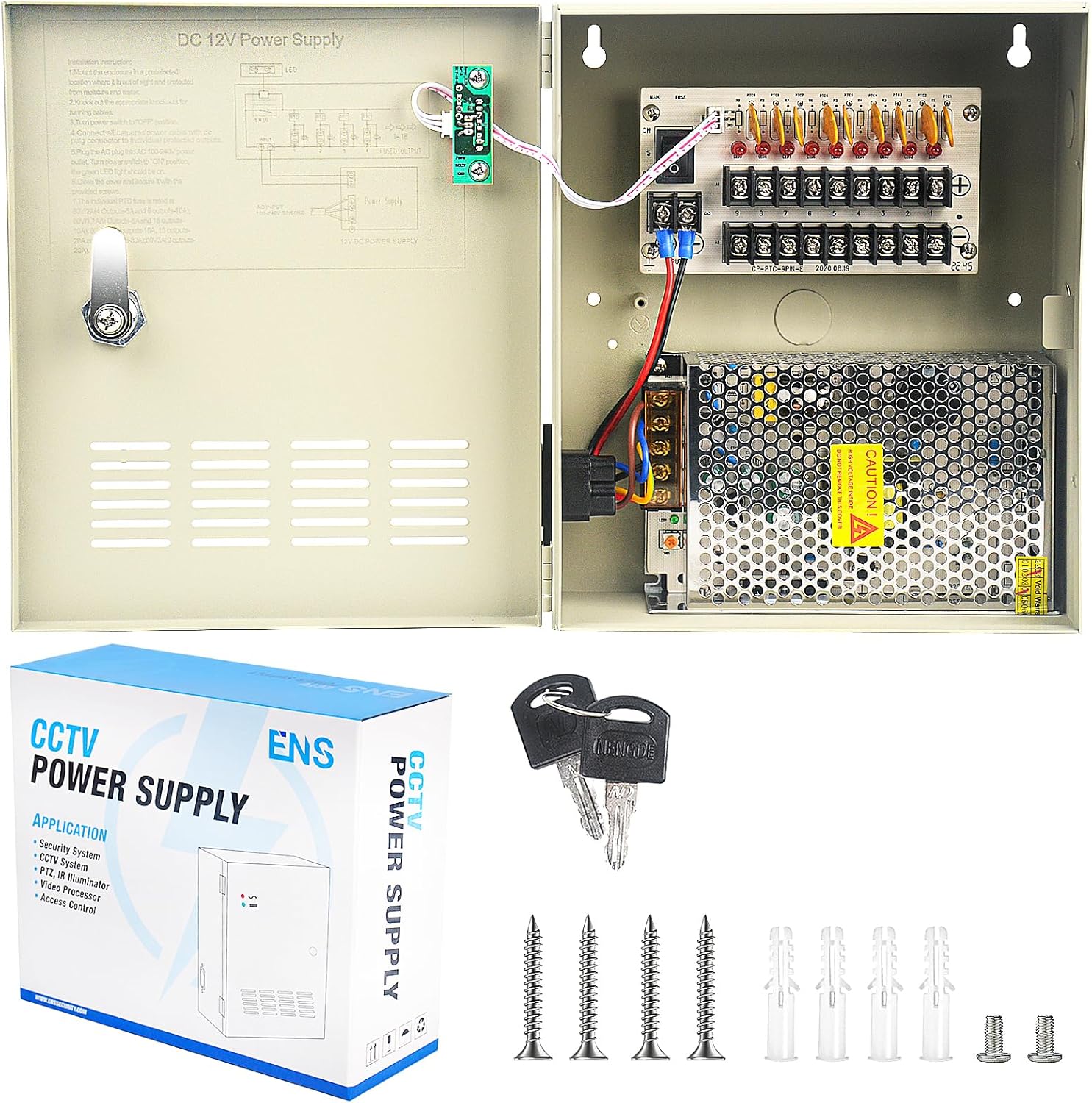 9 Channel CCTV Distributed Power Supply Box for Security Camera - 9 Ports 10A 12V DC Output - PTC Fuse- Regulated and Filtered - Surge Protected - Key Lock - Designed for Surveillance DVR System