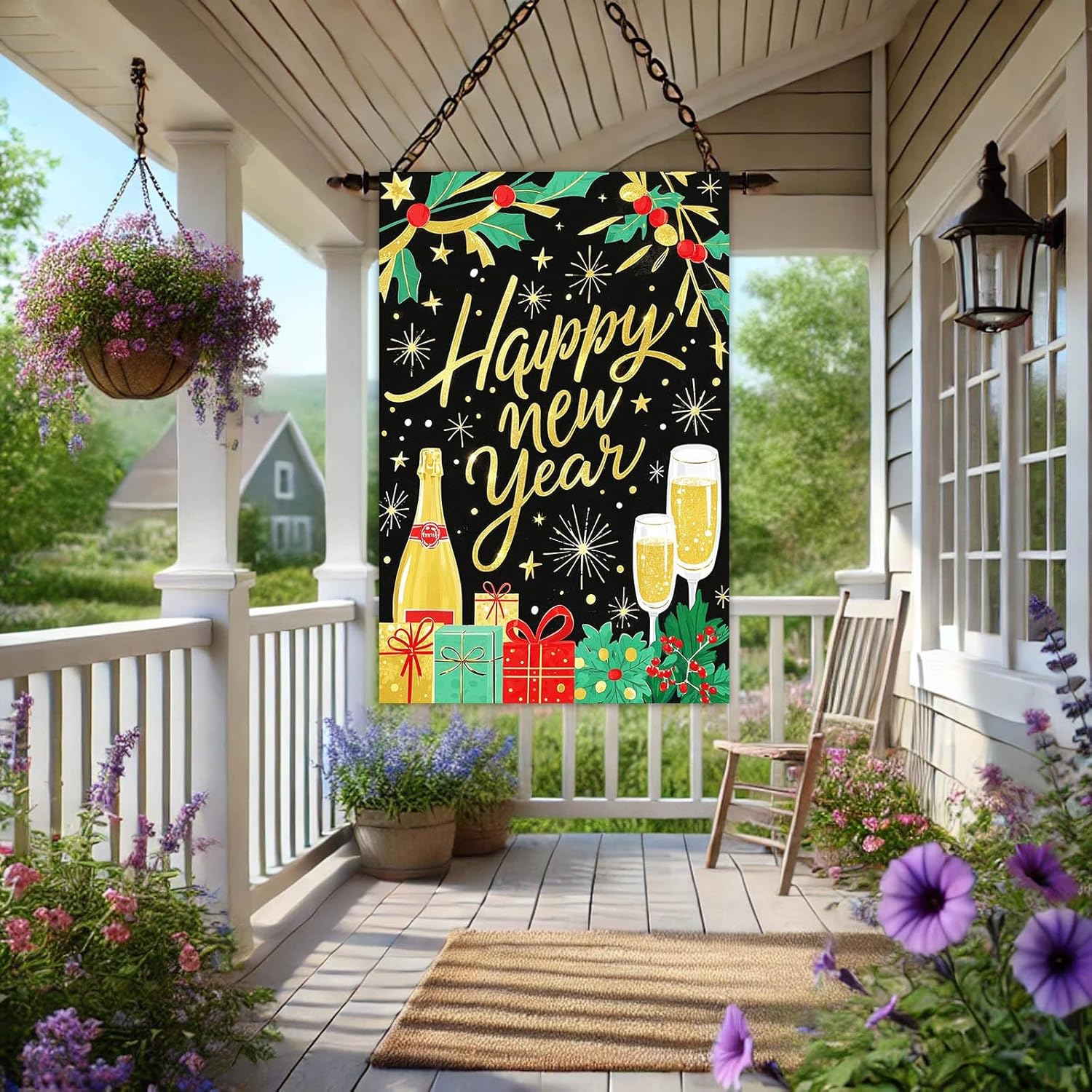 Happy New Year House Flag 28x40 Inch Champagne Bottle Gift Boxes and Fireworks Winter Garden Flag Outdoor Yard Decoration Holiday Welcome Banner for Home Porch Lawn - Image 8