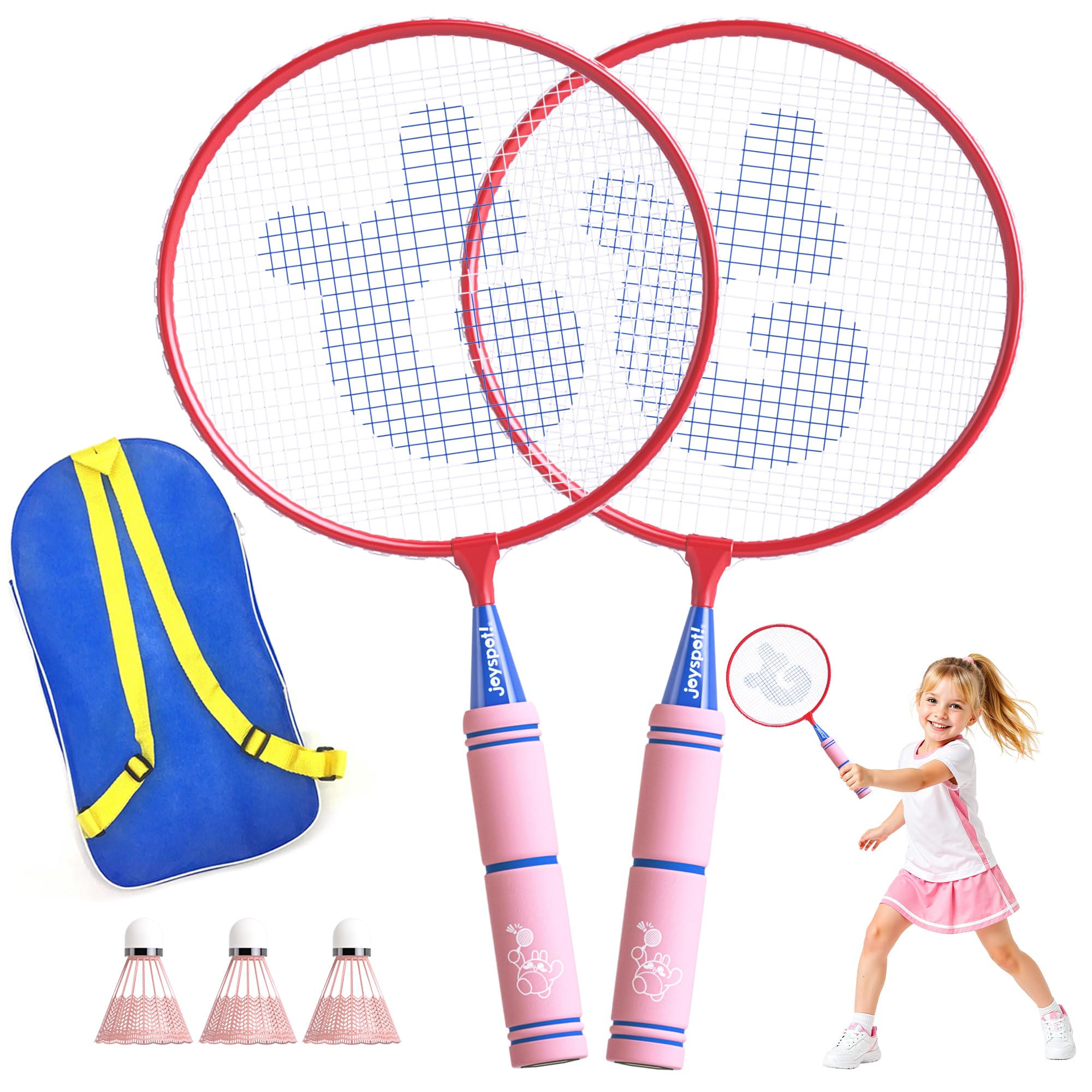 Kids Badminton Racket Set with Soft Grip, Oversized & Lightweight Shuttlecocks Racquet for 2-Player with Carry Bag, Beach Lawn Backyard Play, Indoor/Outdoor Sport Game, Perfect for Children & Youth