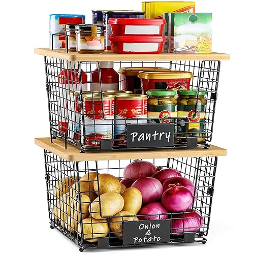 2 Set XXL Stackable Wire Basket with Bamboo Tops & Tag- Pantry Organizer and Storage Bins, Kitchen Counter Cabinet Shelf Countertop Under Sink Organizing, Food Snack Produce Onion Potato Bread Storage