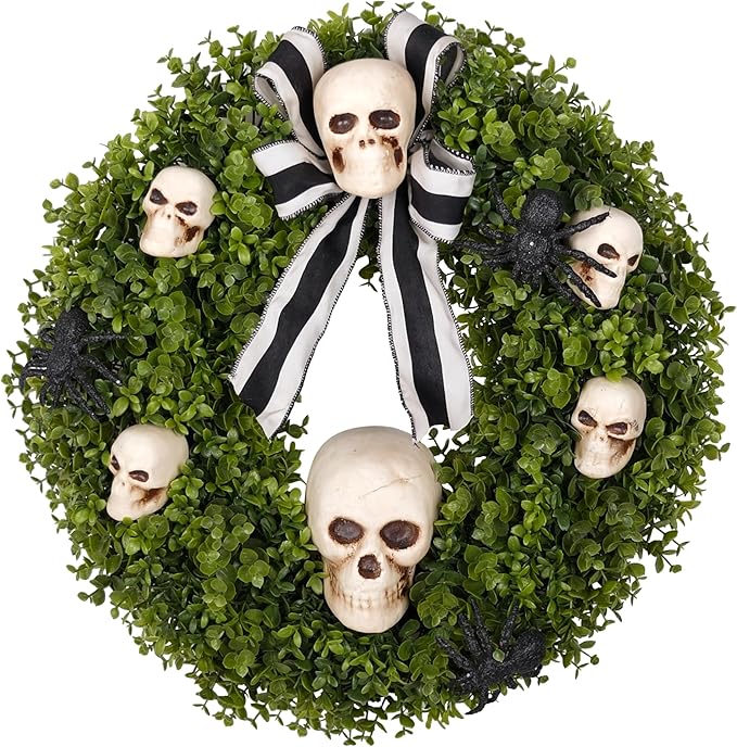 Halloween Wreath for Front Door 20 Inch, with Faux Boxwood Skull Spider - Halloween Wreath Decoration for Home, Farmhouse, Office Door Wall Indoor/Outdoor