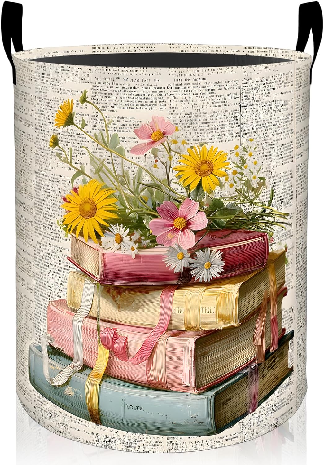 Vintage Book Flower Laundry Basket, Botanical Reading Dirty Clothes Hamper, Wildflower Book Foldable Waterproof Oxford Cloth Storage Bin, Gifts for Bedroom Bathroom Home Decor, 19.7" x 15.7"