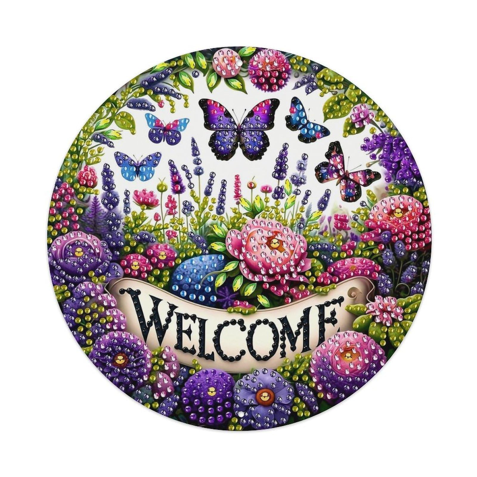 Floral Butterflies Welcome Garden Pattern Round Tin Sign Vintage Metal Sign Home Bar Garden Indoor & Outdoor Wall Decor Retro Metal Poster 8x8 Inch