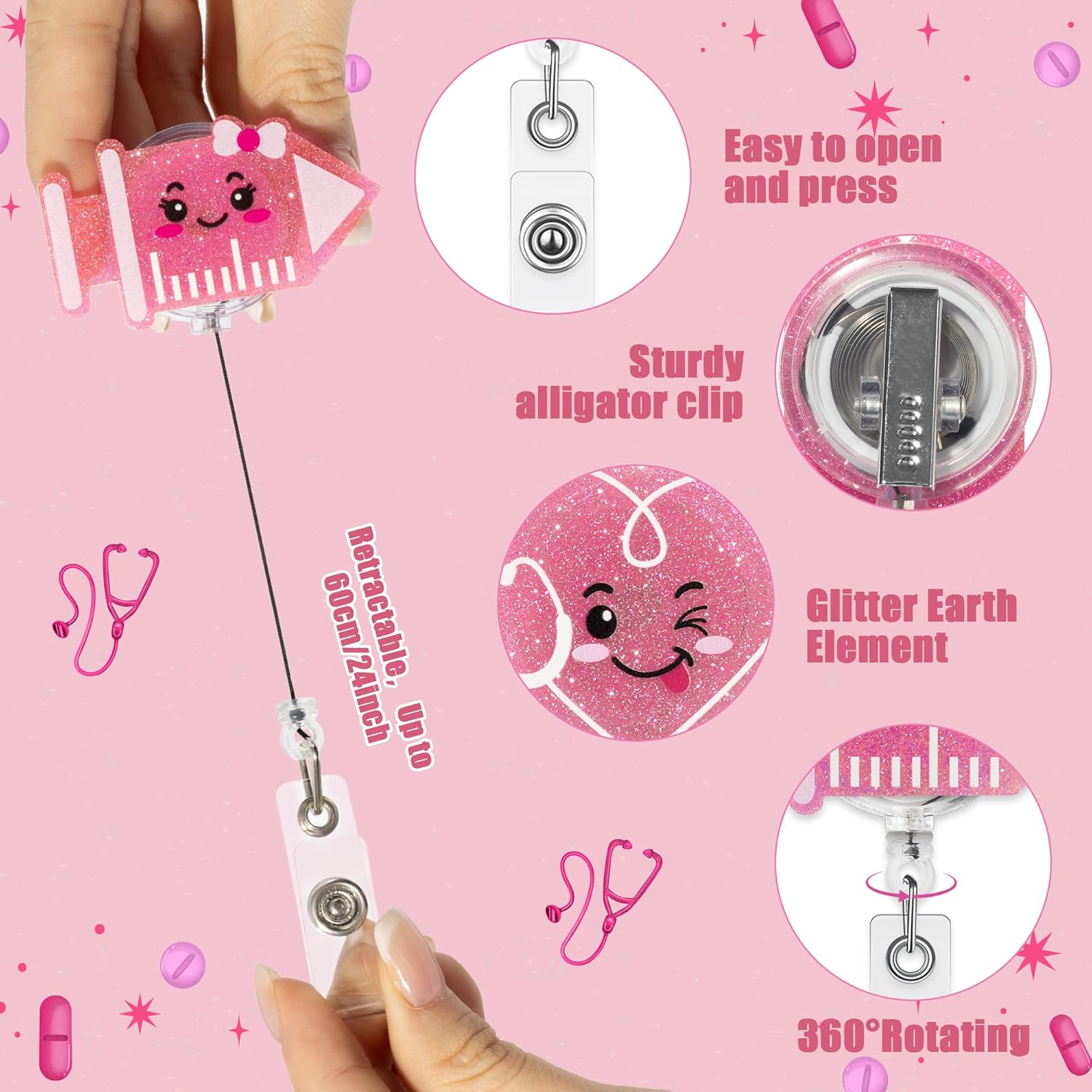 ANGOLIO Pink Bow Nurse Badge Reels - National Nurses Day 6Pcs Retractable Glitter Acrylic Nursing Medical Gift Badge Holder with Clip, Cute ID Holder Reels for RN Doctors Teachers Colleagues Supplies