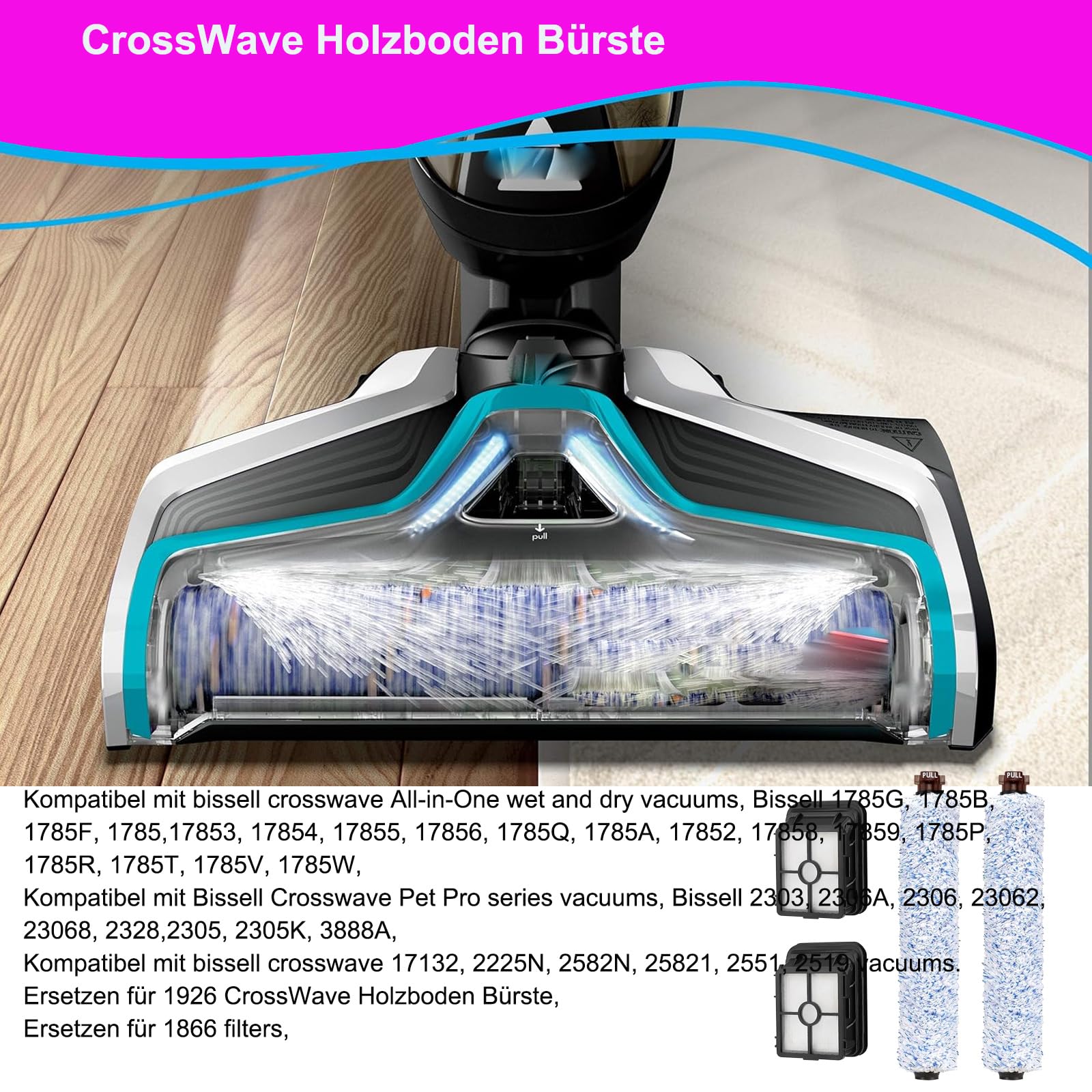 Ersatzteile Zubehör für Bissell CrossWave 17132, 1785, 2551, 2225N, 25821, 2519, 2582N, Ersatz 1926 CrossWave Holzboden Bürste und 1866 Vakuum Filter für Bissell, Ersetzen Teil# 1608022,1608684.