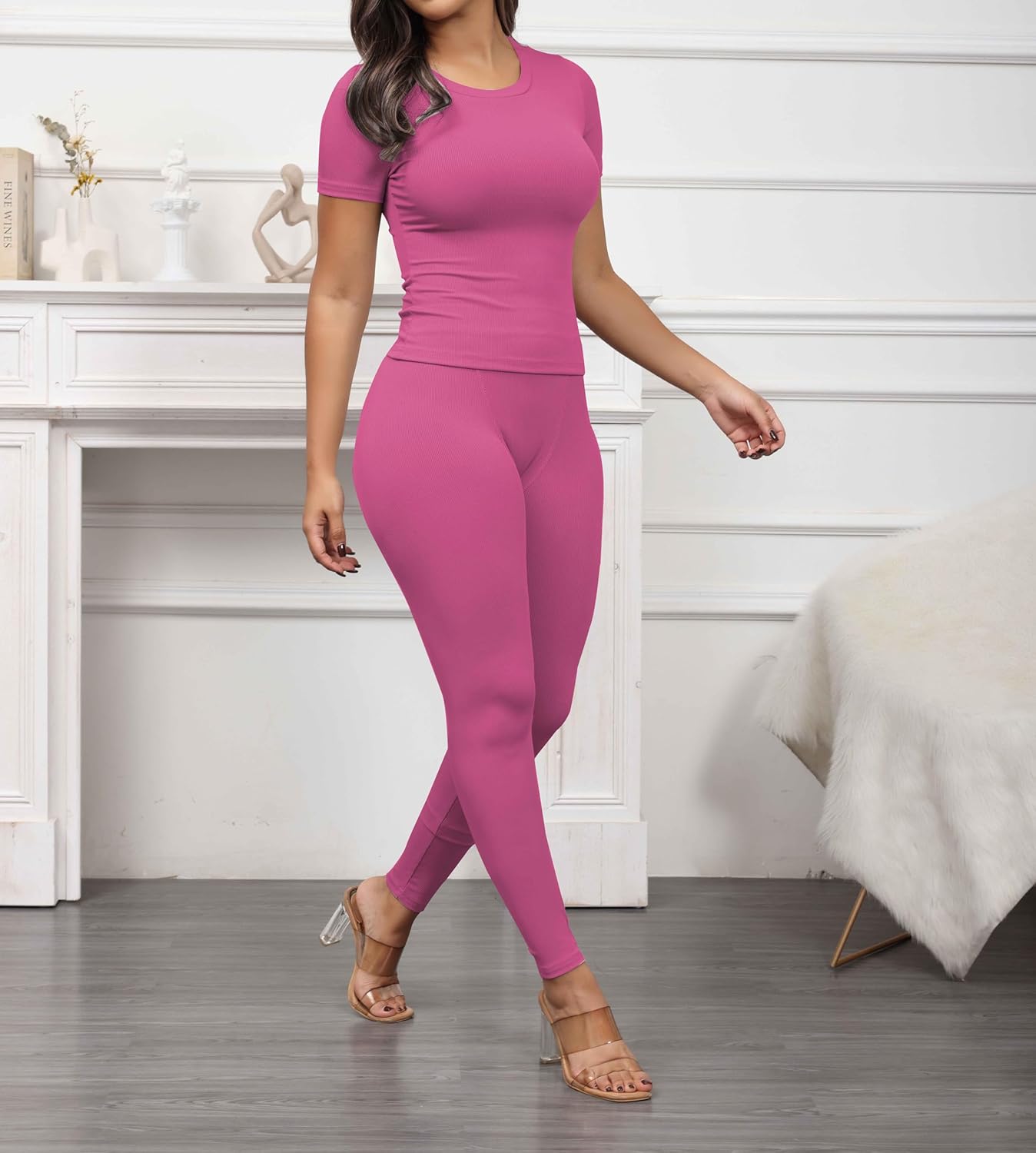 PINSV 2 Piece Sets for Women Summer Casual Jogger Workout Outfits Fitted Crew Neck T-shirt High Waist Legging Sets - Image 2