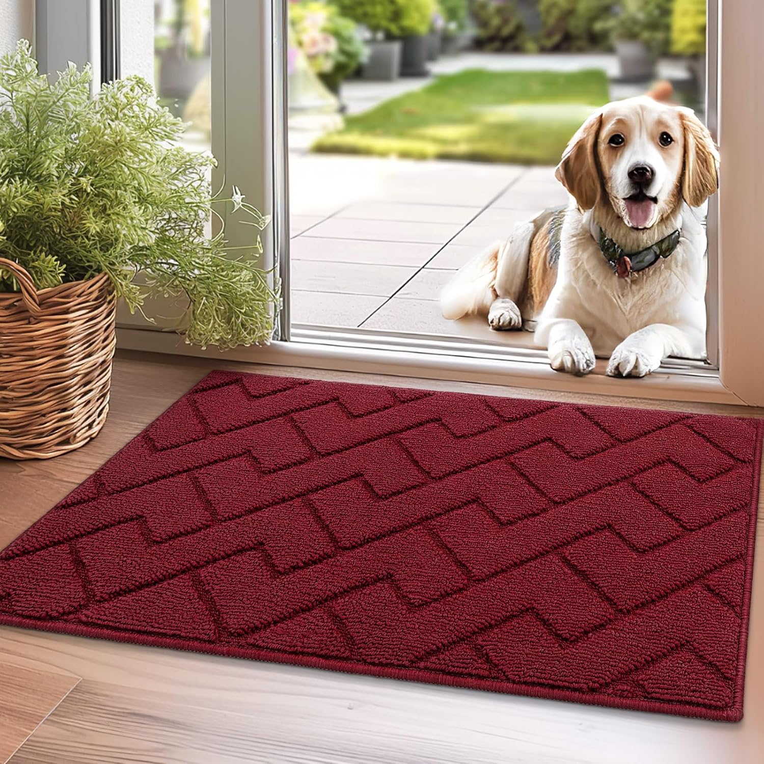 hicorfe Front Door Mat Outside Entrance,20"x31.5" Absorbent Muddy Dirt Resist Welcome Door Mats Outdoor Indoor,Stain and Fade Resistant,Non Slip Backing Entry Mat Doormat for Entryway(Red)