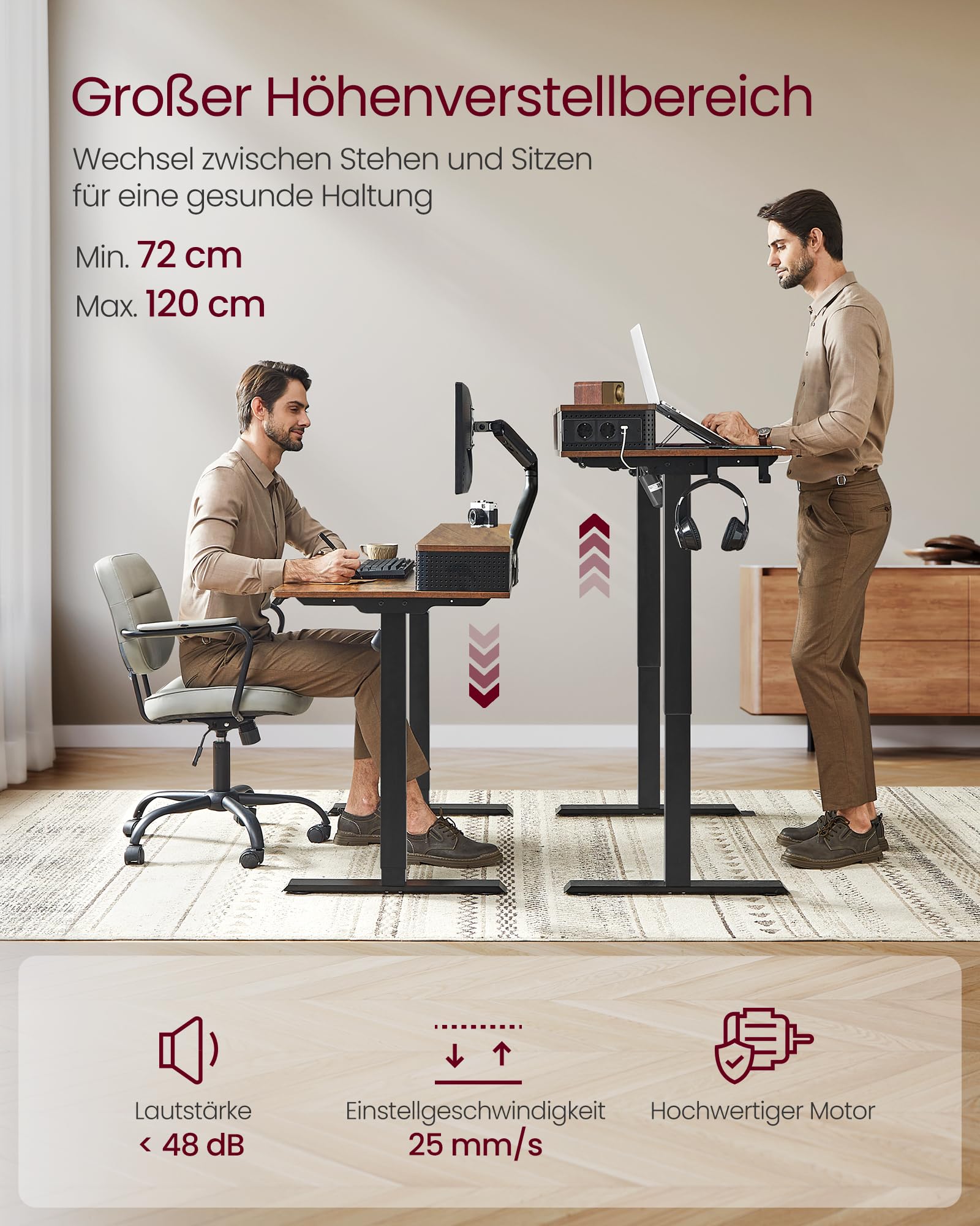 VASAGLE Höhenverstellbarer Schreibtisch elektrisch, 120 x 60 x (72-120) cm, stufenlos verstellbar, mit Monitorständer, Steckdosenleiste, Haken, Memory-Funktion, vintagebraun LSD182KD02