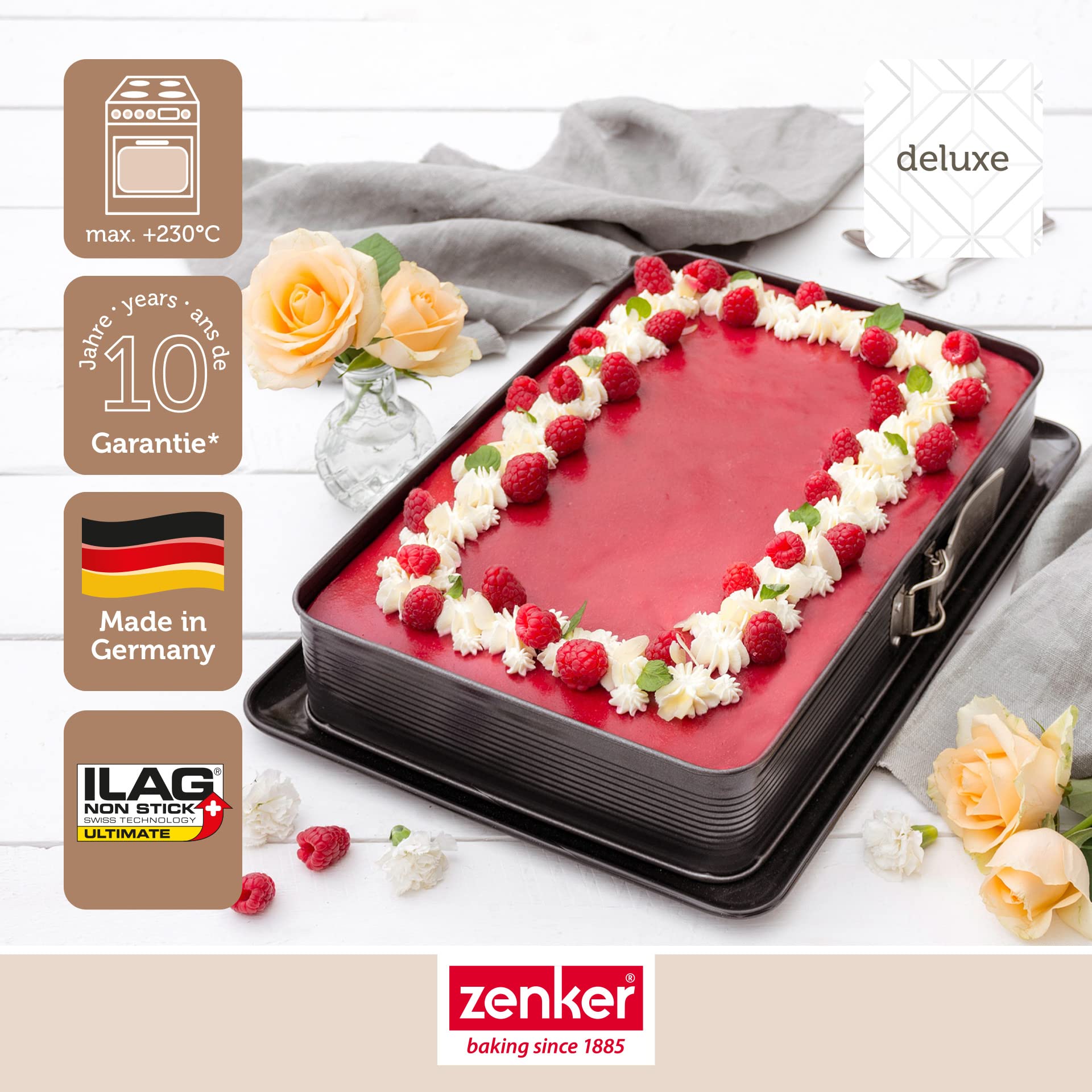 Zenker Deluxe Rechteck-Springform mit Auslaufschutz und Teigschaber – 42 x 29 x 7 cm, Antihaftbeschichtet & schnittfest, Emaille-Boden, Auslaufschutz-Rand, Made in Germany