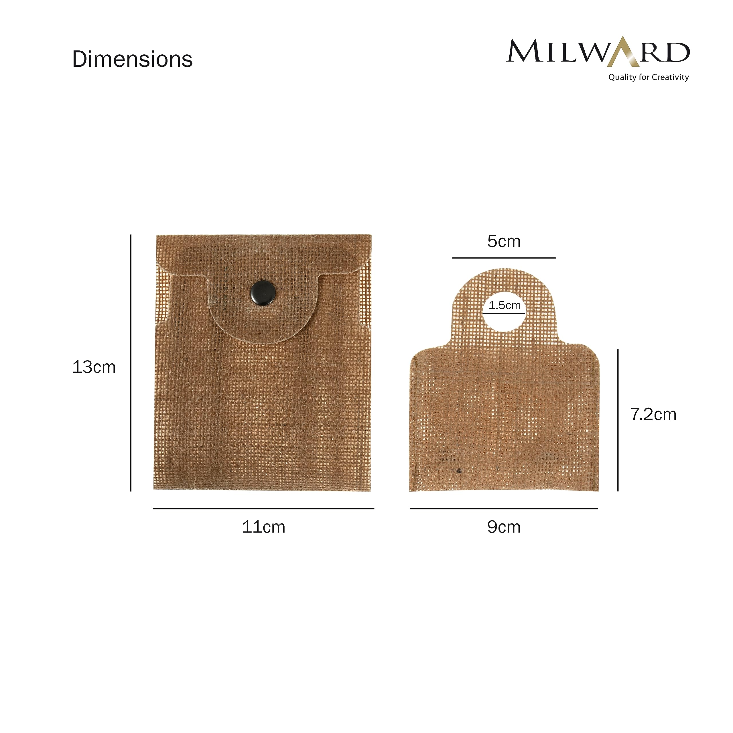 Milward Austauschbares Stricknadel-Set – Jutebeutel für Stifte und Kabel, Stopper, Verbindungsstück – 100% Jute-Druckknopfetui – 10,5 cm x 3,4,4,5,5 mm