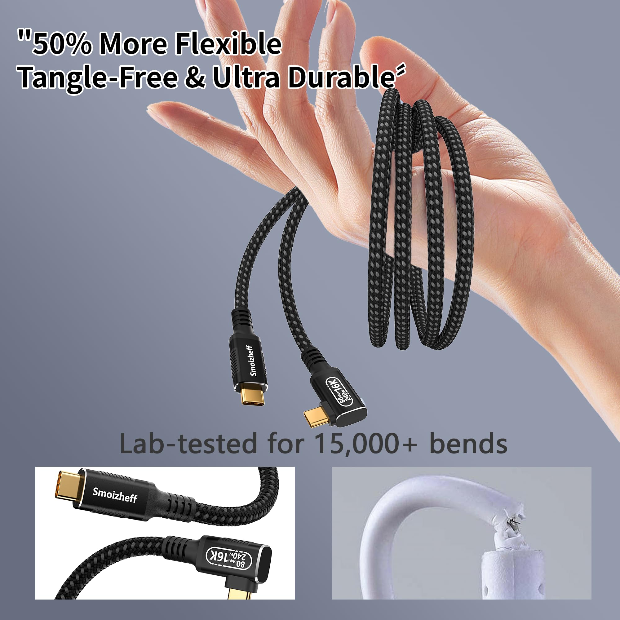 USB-C-Kabel, 1 m, 90 Grad rechtwinklig, USB 5.0-Kabel, 80 Gbit/s Datenübertragung, 240 W PD3.1 Ladekabel, 16 K/Dual 8K Video, Thunderbolt 5/4/3 USB4 kompatibel, für Laptop, Tablet, Gaming-Dock