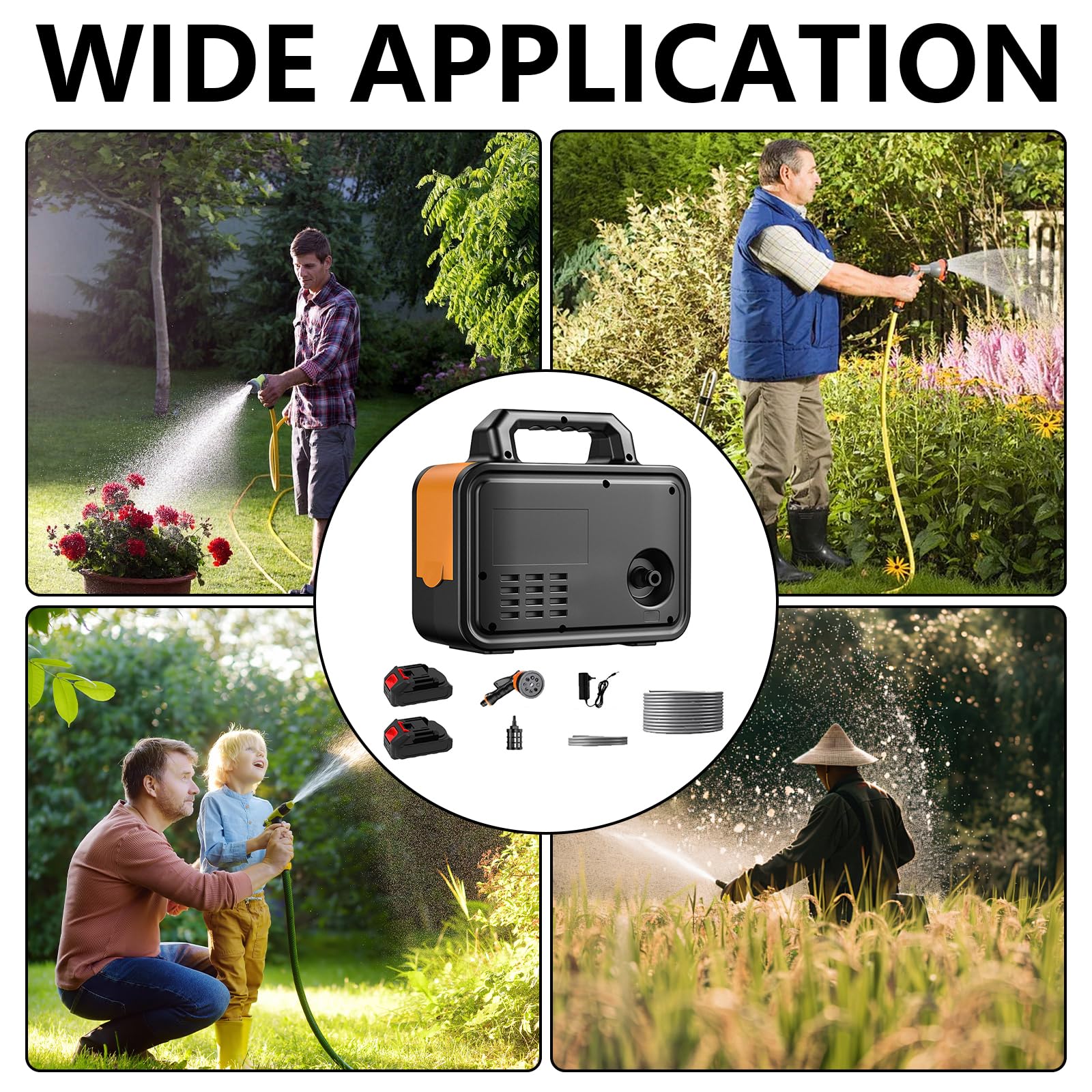 Pompa Dell'acqua, Pompa Giardino, Pompa Autoadescante Portatile con Tubo 10M Tubo Ingresso Dell'acqua 3M, Pompa Acqua a Batteria con 2 Batteria, per Giardino, Vasca Idromassaggio, Serbatoio, Piscina