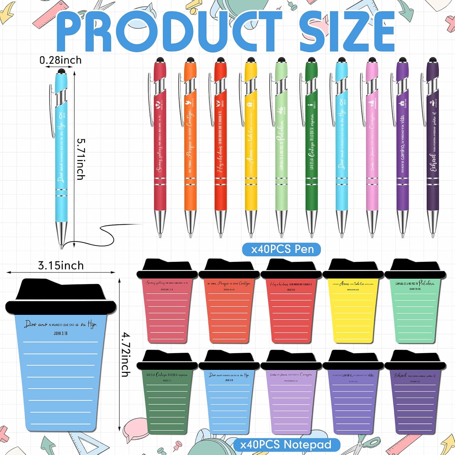 120 Pcs/ 40 Sets Christian Gifts Notepads Coffee Cup Sticky Notes with Bible Verse Ballpoint Pens Employee Appreciation Gifts for Church Teacher Nurse Coworker (Spanish, Bright)