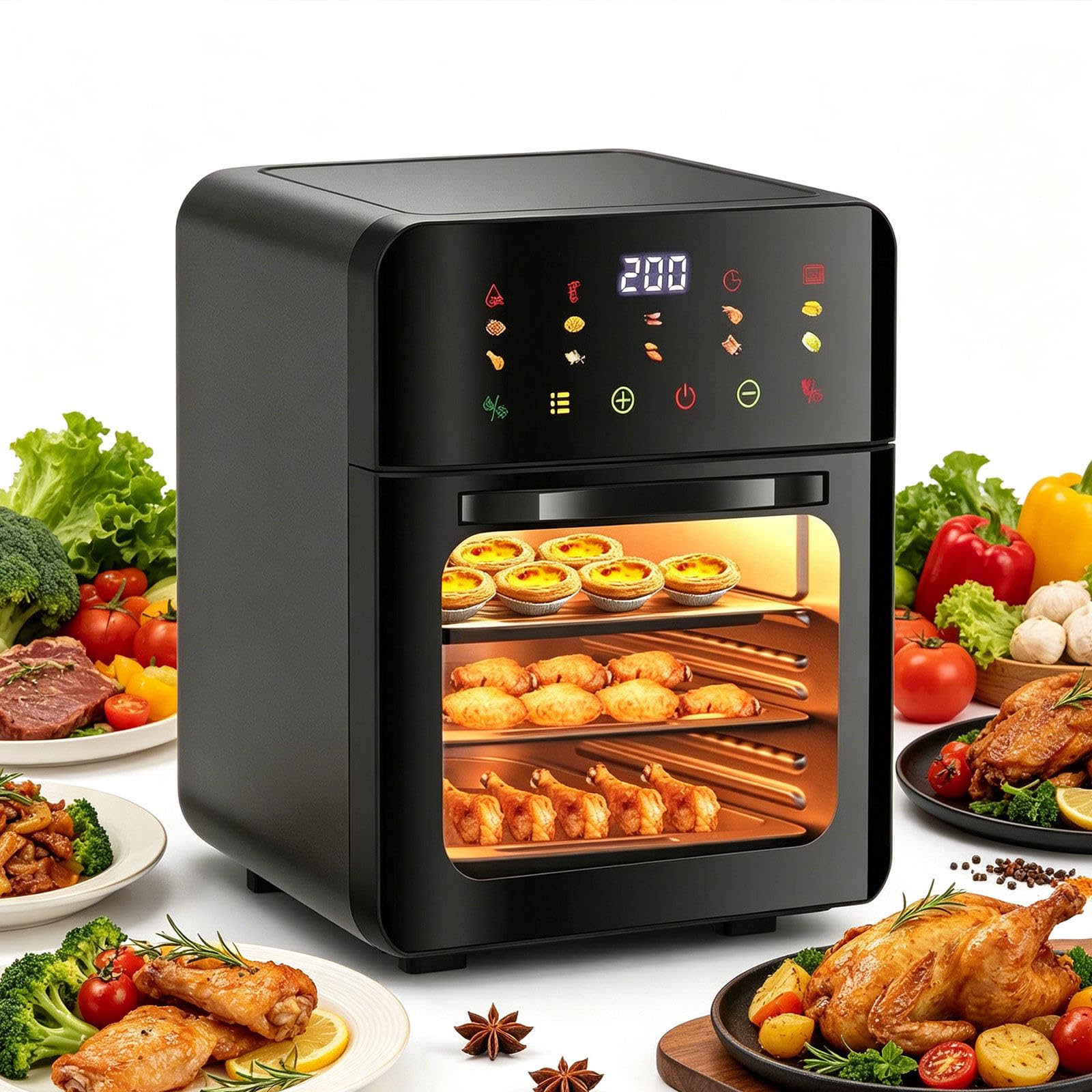 Forno friggitrice ad Aria Premium, Forno Vapore Cottura frittura 8-in-1 con Riscaldamento convezione 3D,écran Tactile Digital, Four Grand Volume, Cuisine familiale saine