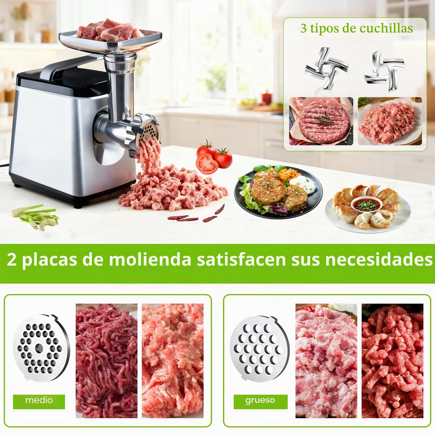 Tissting 4 Piezas de Cuchillas y Platos para Picadora de Carne - Accesorios de Acero Inoxidable para Moler Alimentos, Repuesto Compatible con Picadoras de 55mm