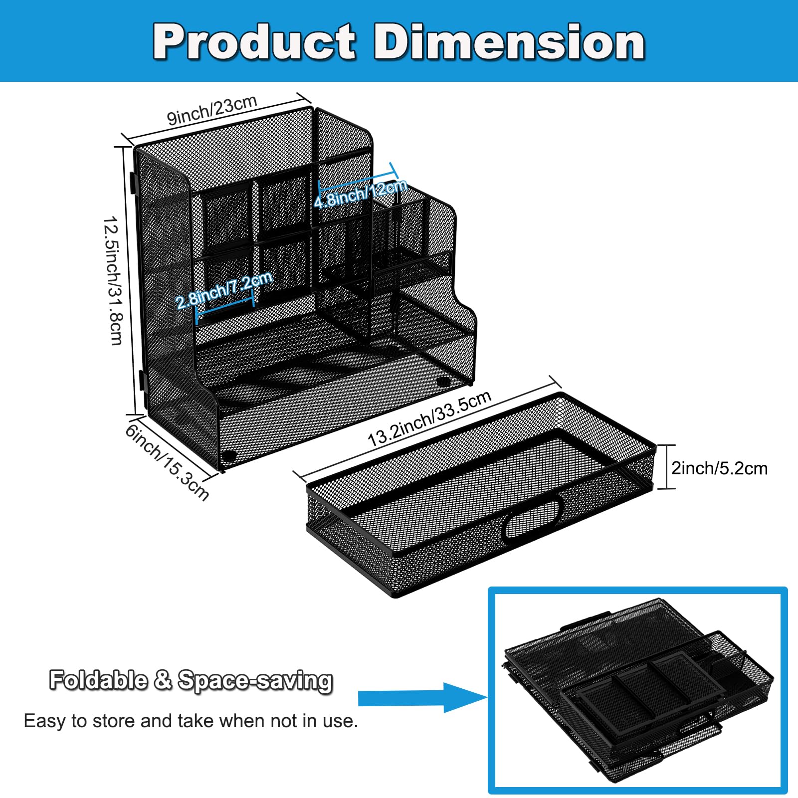 Organizer da scrivania con cassetto, portapenne in rete per scrivania, 13 scomparti, organizer per cancelleria e forniture artistiche, accessori per ufficio e spazio di lavoro, nero