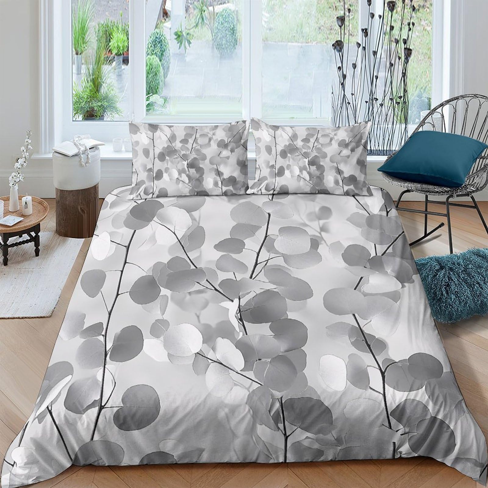 GPLZQXKJNH 3D Printed Silver Leaves Duvet Cover Set Microfiber Soft Breathable Grey Botanical Bedding Set with 2 Pillowcases for Bedroom Apartment Single（135x200cm）