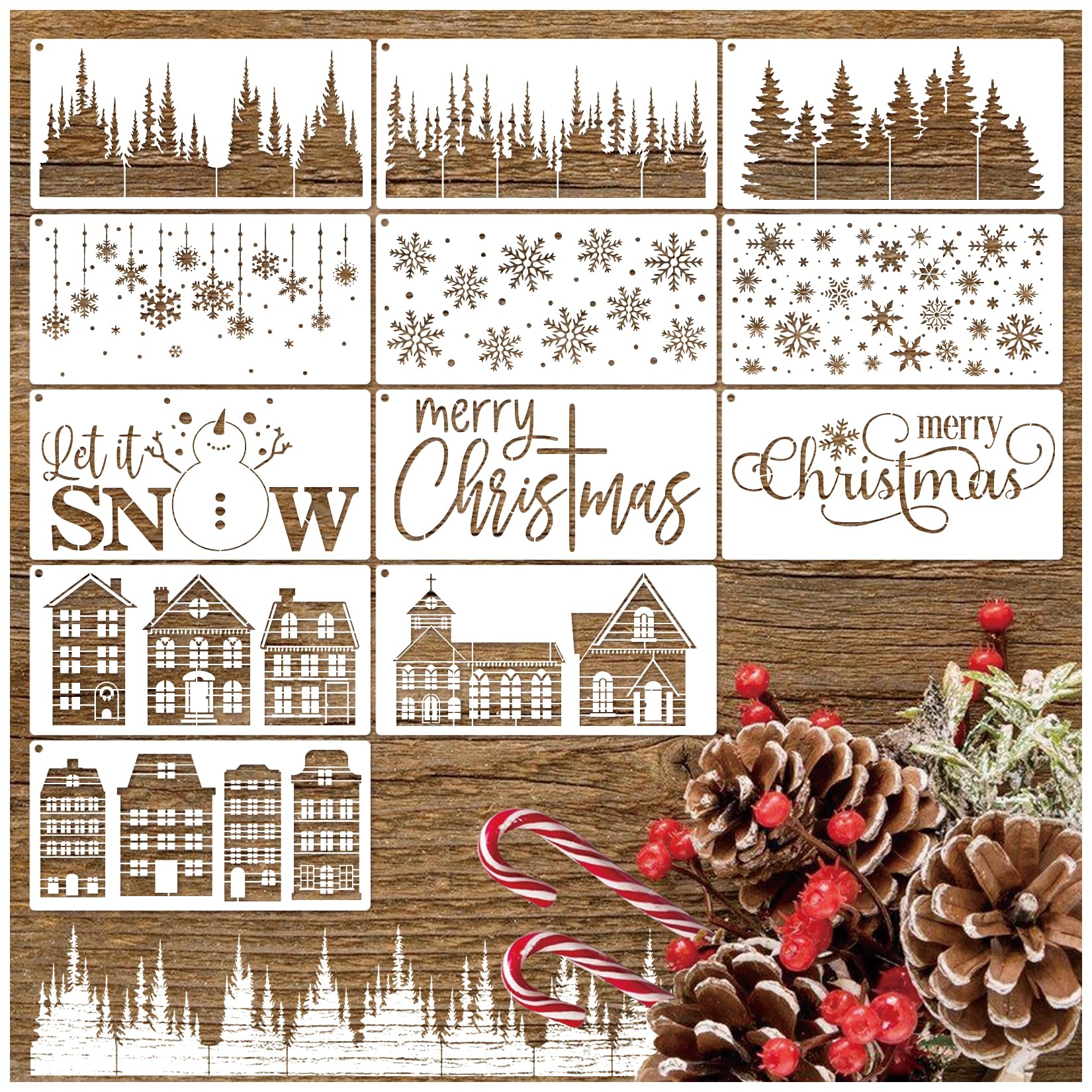Christmas Stencils for Window Spray Snow, Large Window Stencils for Glass Christmas Stencils for Painting on Wood Crafts Reusable Snowflake Pine Tree for Door Hanger Home (12 Winters