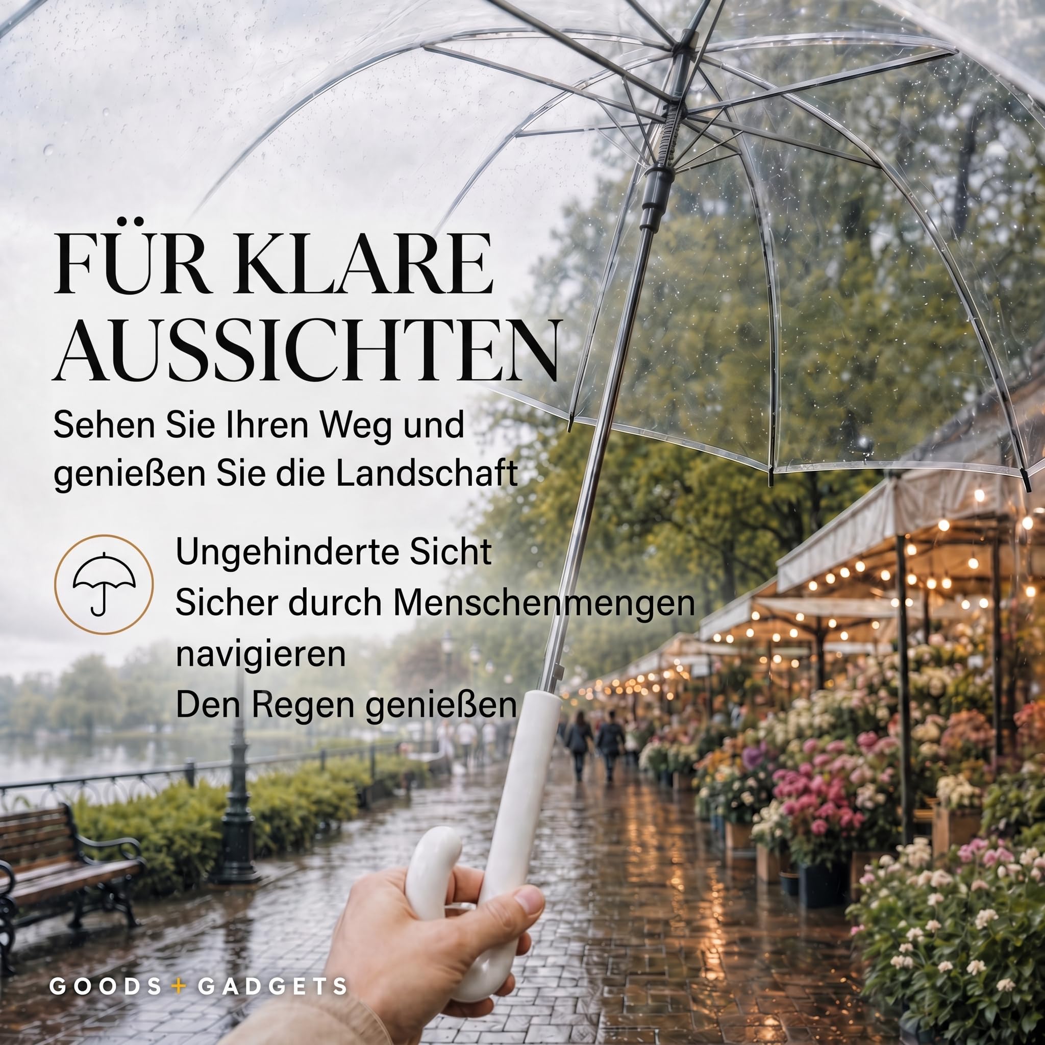 GOODS+GADGETS Durchsichtiger Regenschirm transparent, weißer Stockschirm Ø 100 cm; Eleganter Regenschirm in transparent - Das Fashion-Highlight