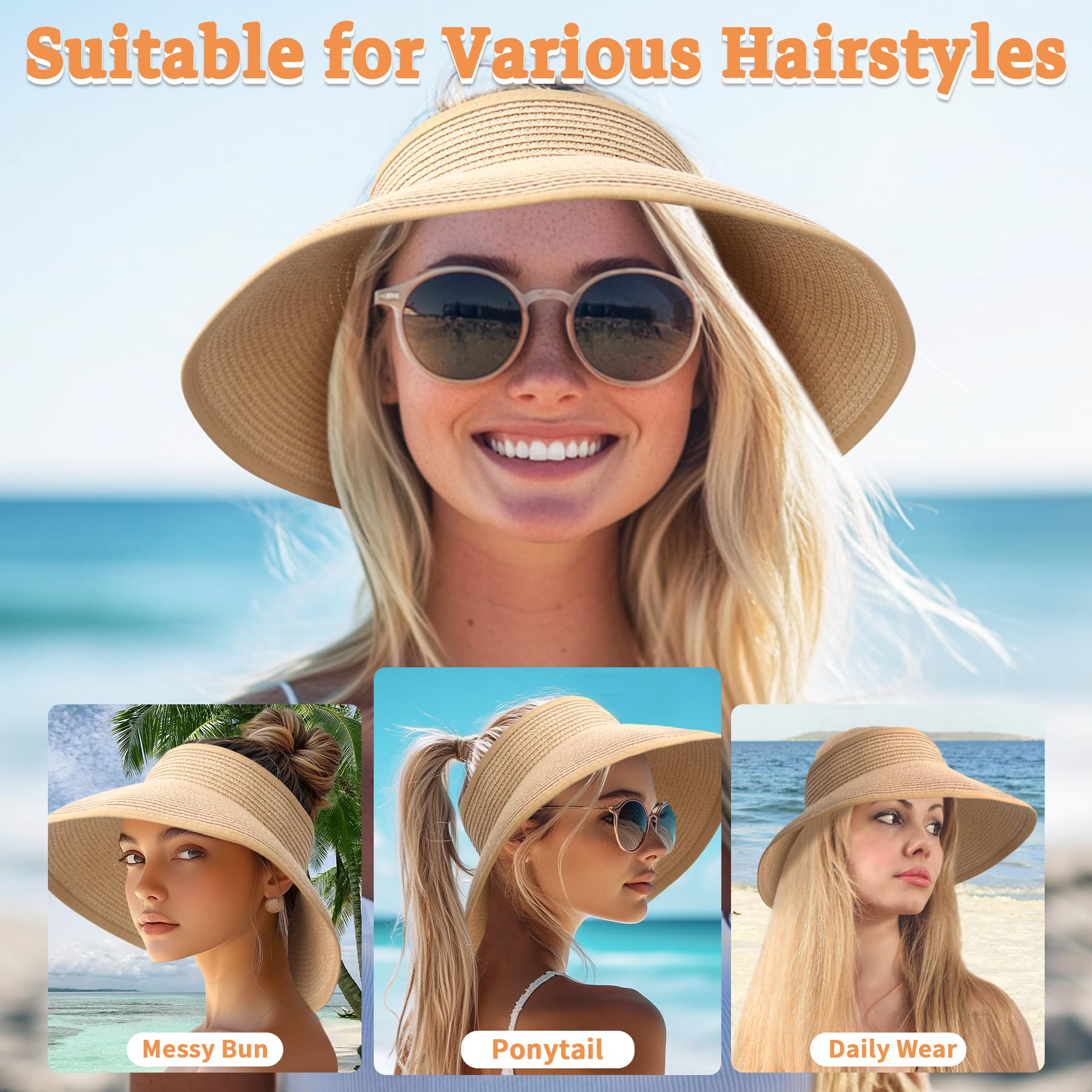 Sombreros con visera solar para mujer, sombrero de paja de ala ancha para cola de caballo, sombrero de playa, plegable, plegable, protección UV, sombreros de viaje, Caqui, Talla única 5