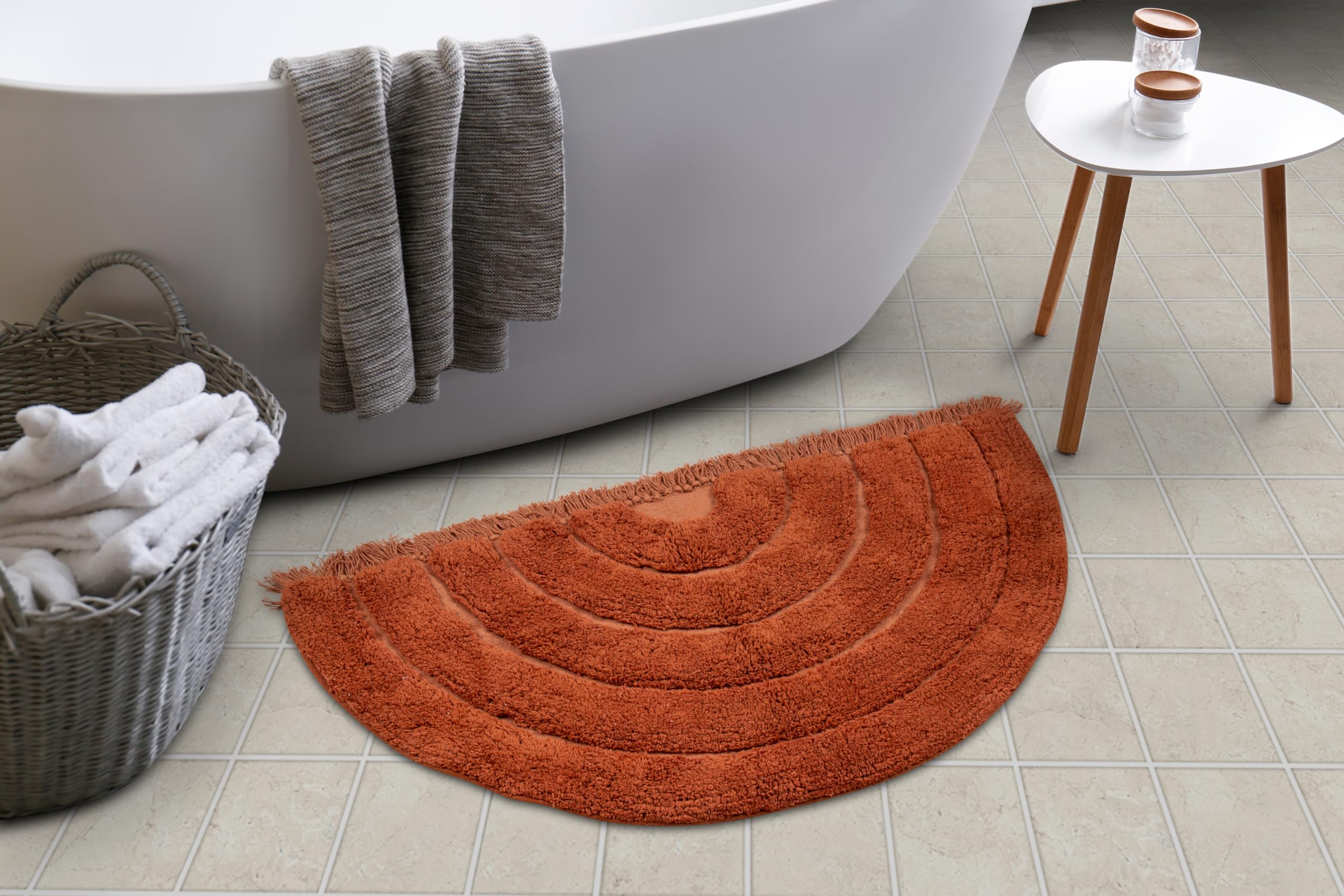 BIEN BEAU Boho Half Moon Bath Rug – Rust Orange - Handmade 100% Cotton Mat with Spray Latex Backing - Stylish, Easy-to-Clean Bathroom and Home Decor – 20 x 38 inch