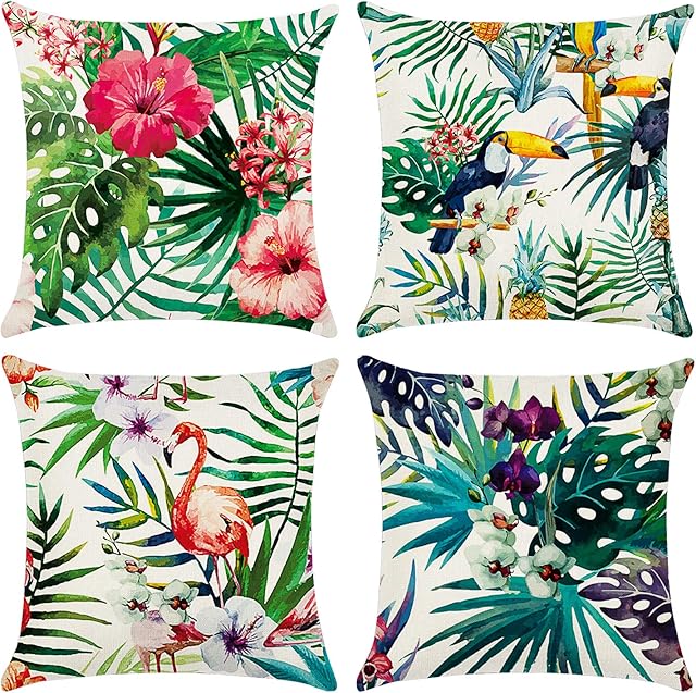 Cushion Covers 45 x 45 cmSet of 4 pillow cover Cotton and Linen Pillow case Cushion Covers for Sofa outdoor garden bed couch cushions(Flower-7)
