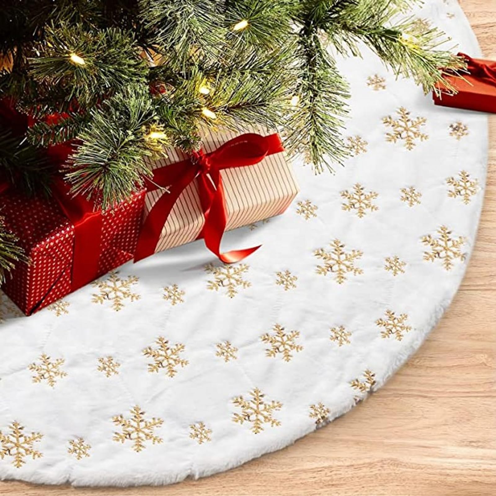 Beauenty 48IN Large Gold Snowflake Luxury Faux Fur Christmas Tree Skirt - Super Soft Thick Plush Xmas Decorations (A)