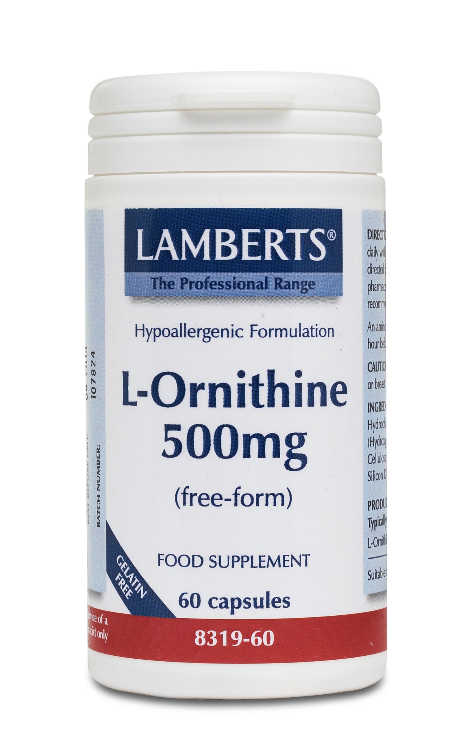 LambertsL-Ornithine 500mg Capsules – Free Form Amino Acid – High Absorption Formula – 60 Vegan Capsules